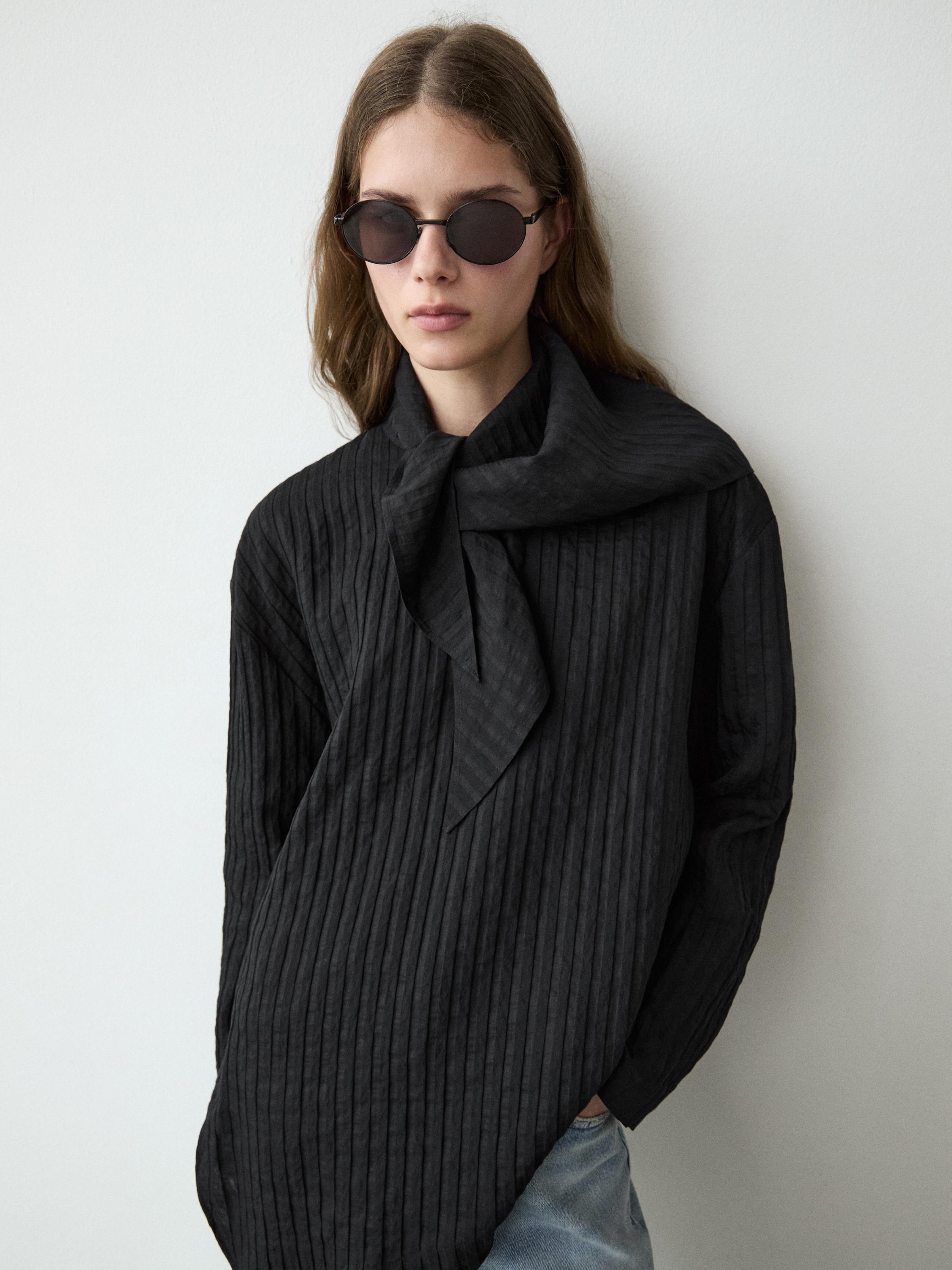 Striped flowing shirt with scarf detail — BLACK
