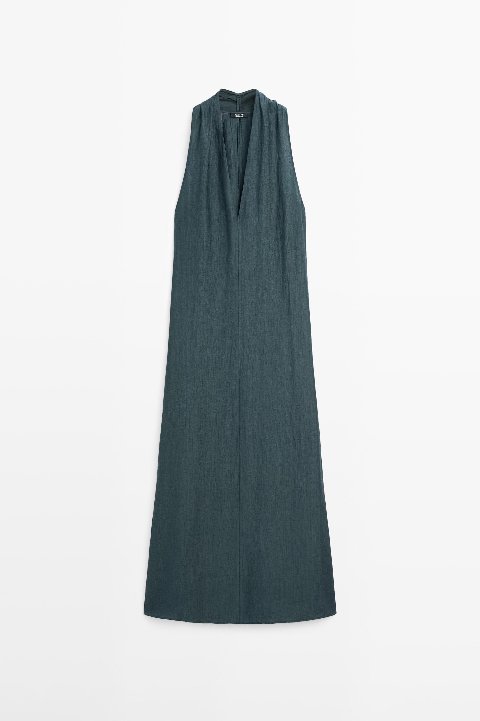 Vestido midi escote pico con lino