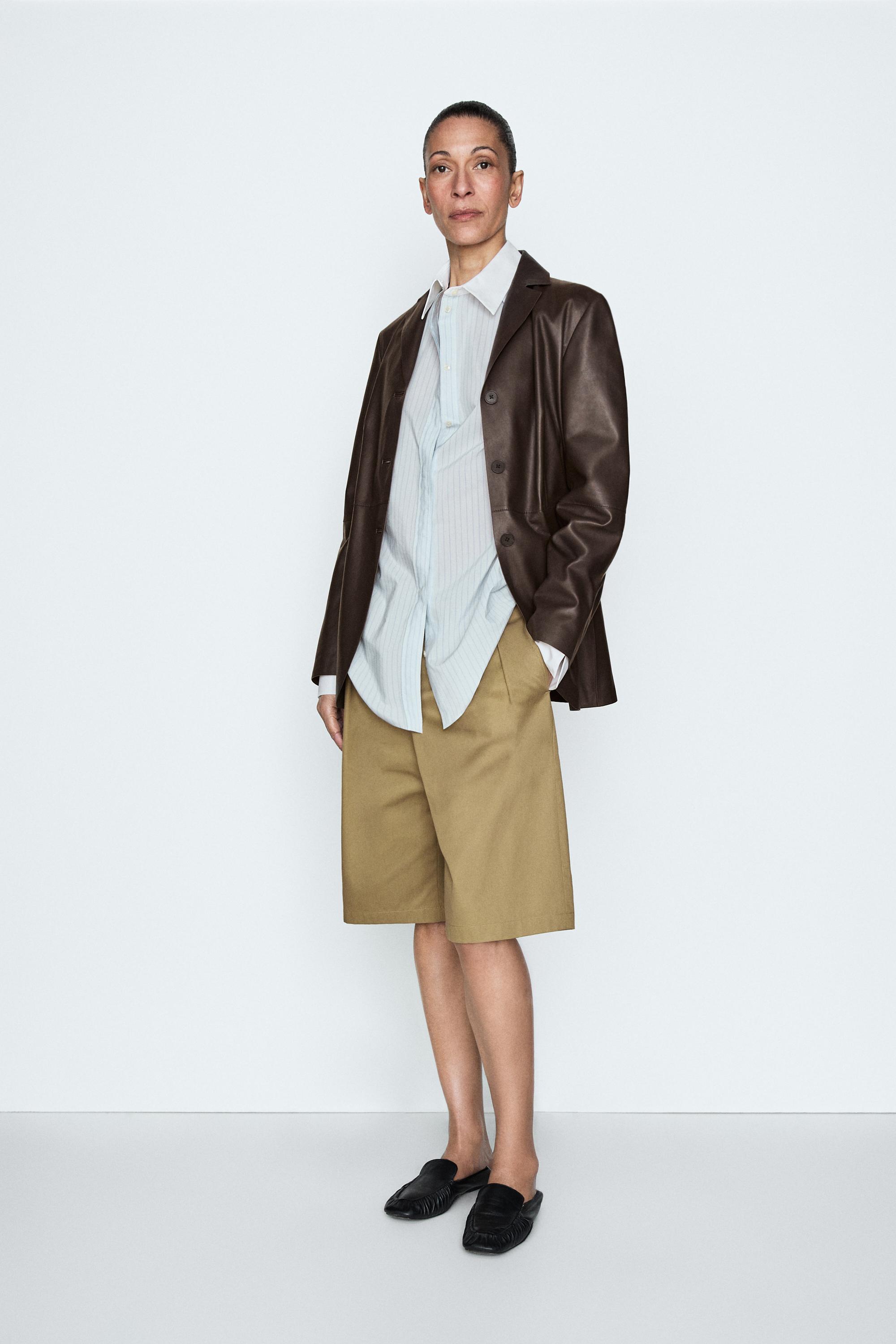 Leather blazer with lapel collar - STUDIO — BROWN