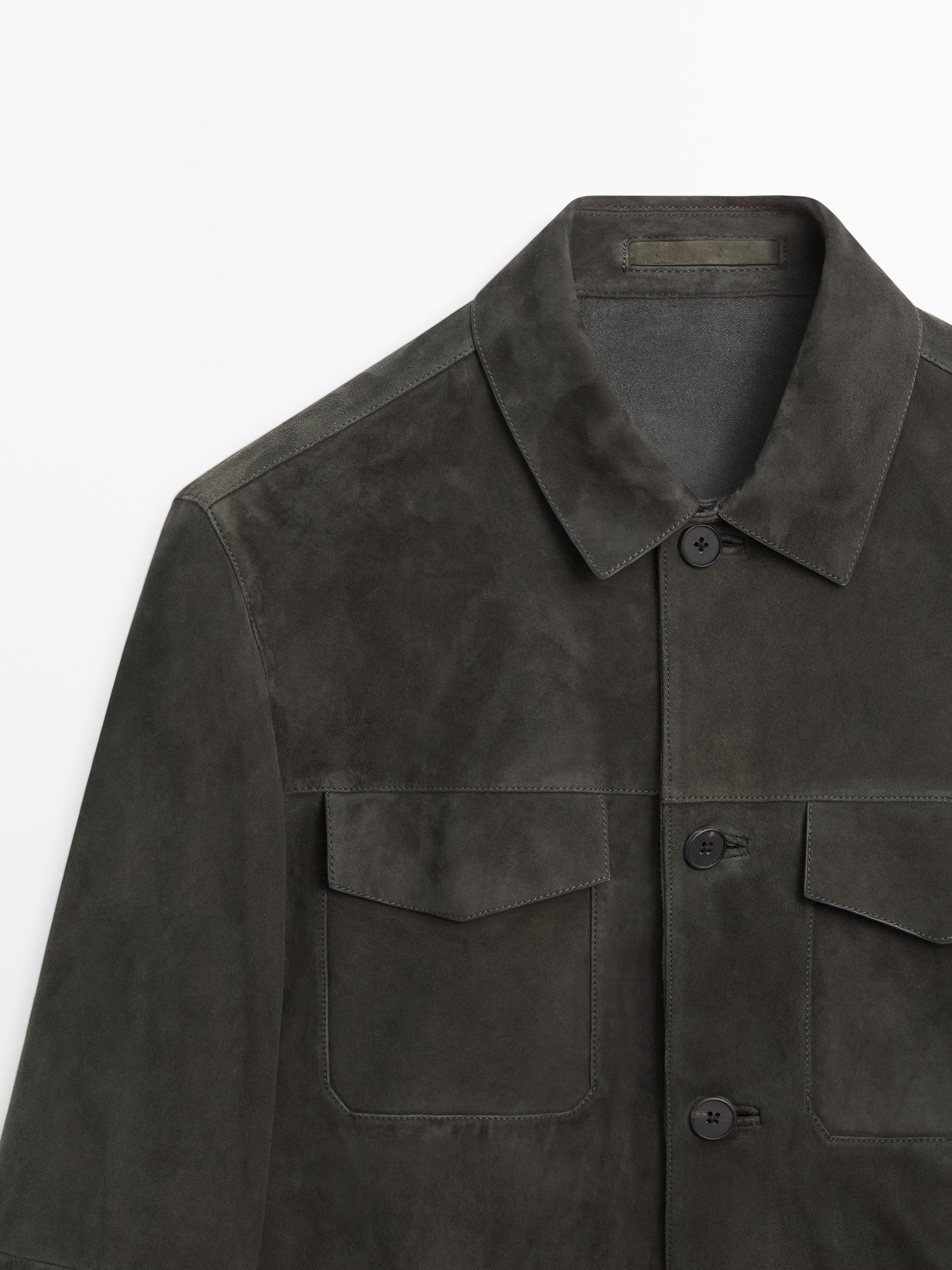 Suede leather jacket with pockets — BLUISH GREY