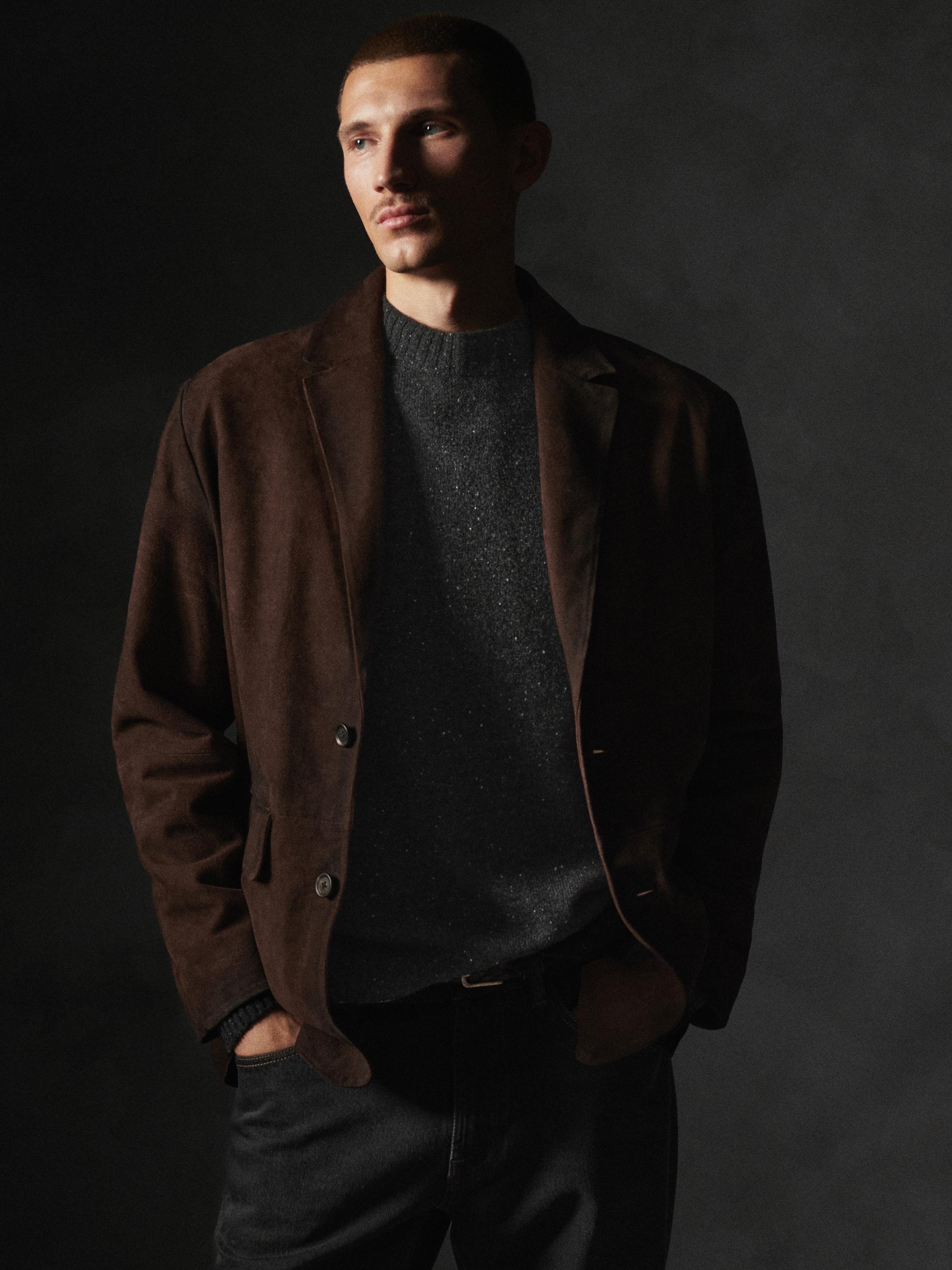 Suede leather blazer with seam details