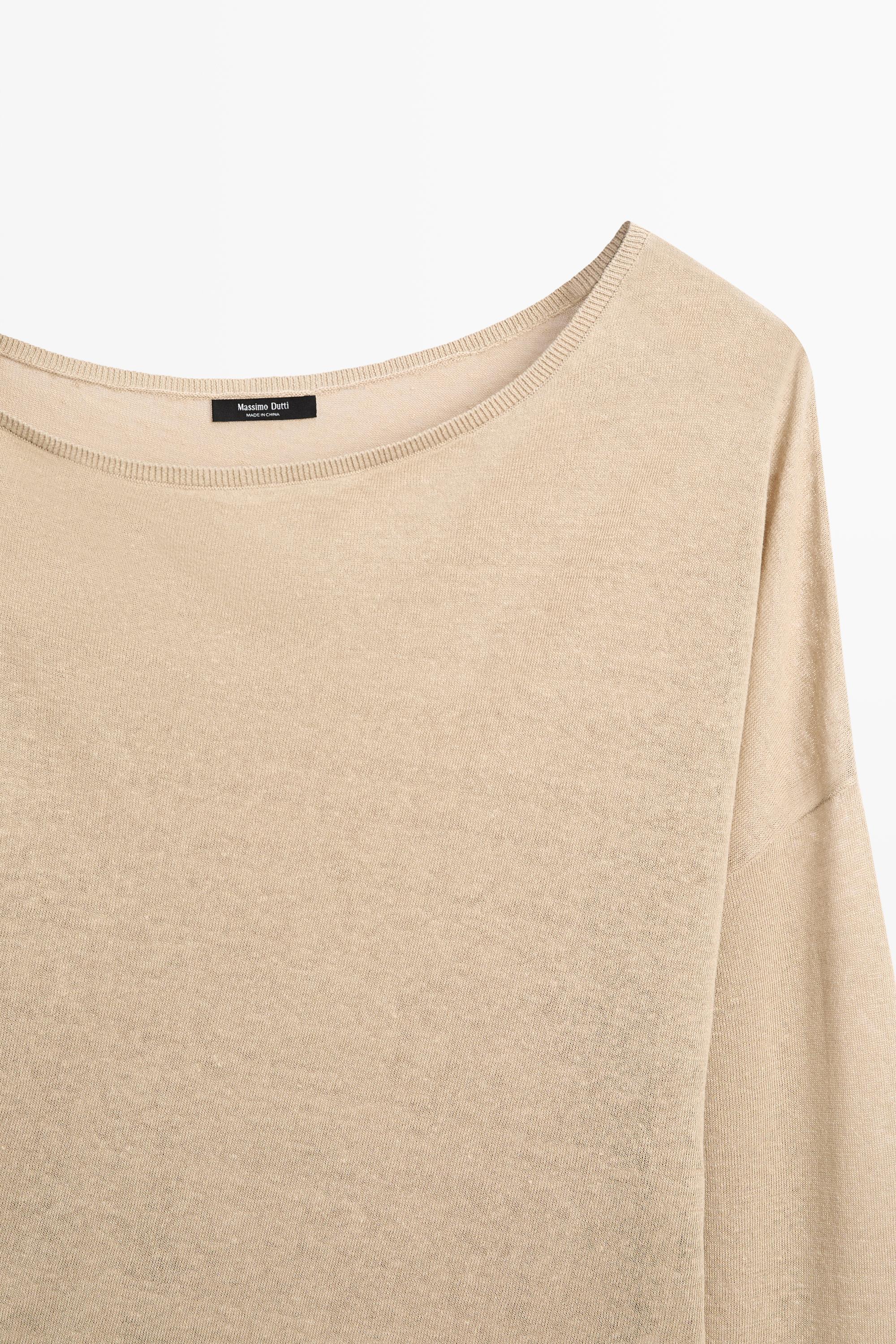 Flowing 100% linen off-the-shoulder sweater — TAUPE GREY