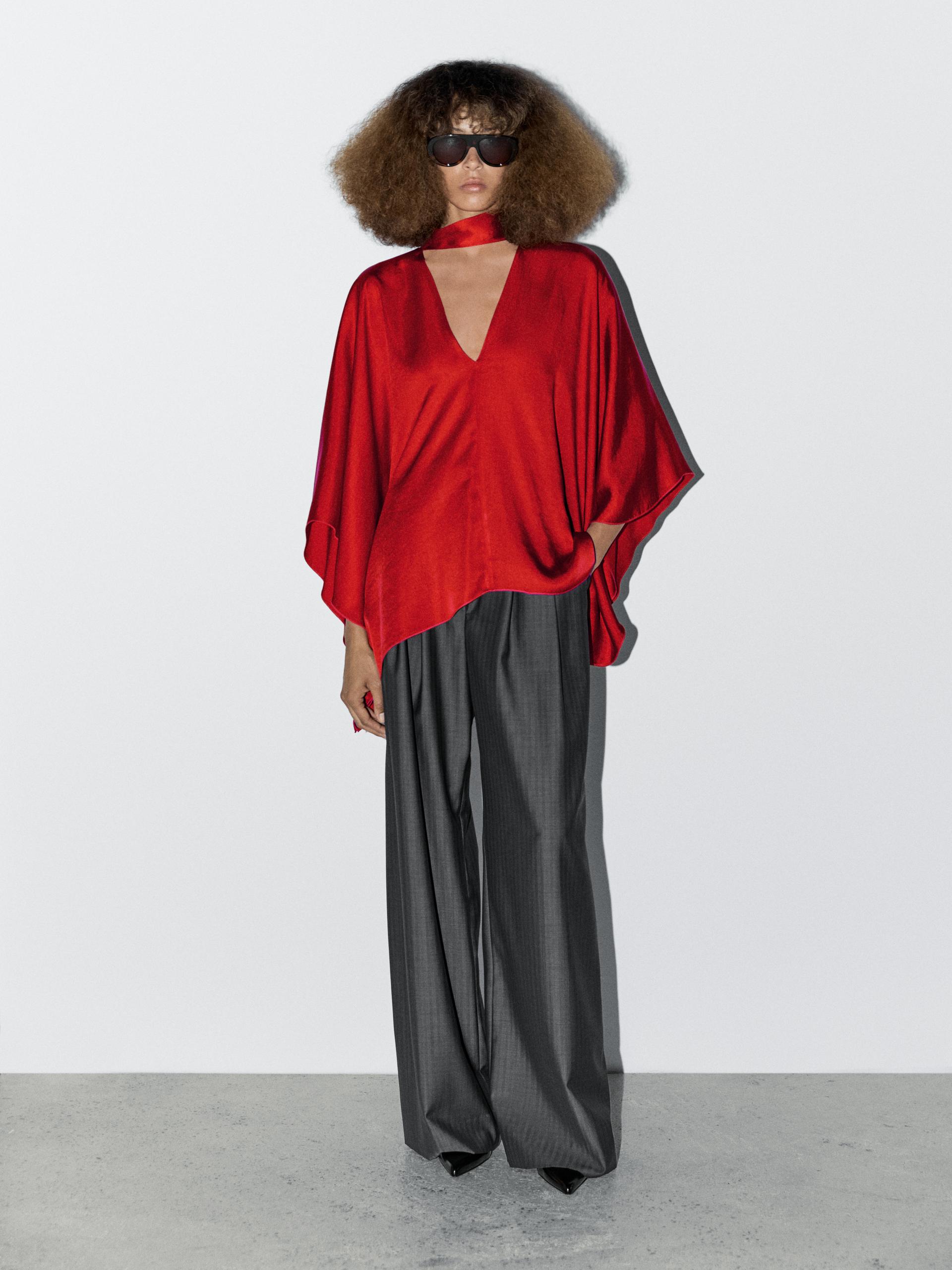 Blusa Fluida Com Gola E Decote Em Bico - Studio - Vermelho - M - Massimo Dutti - Mulher