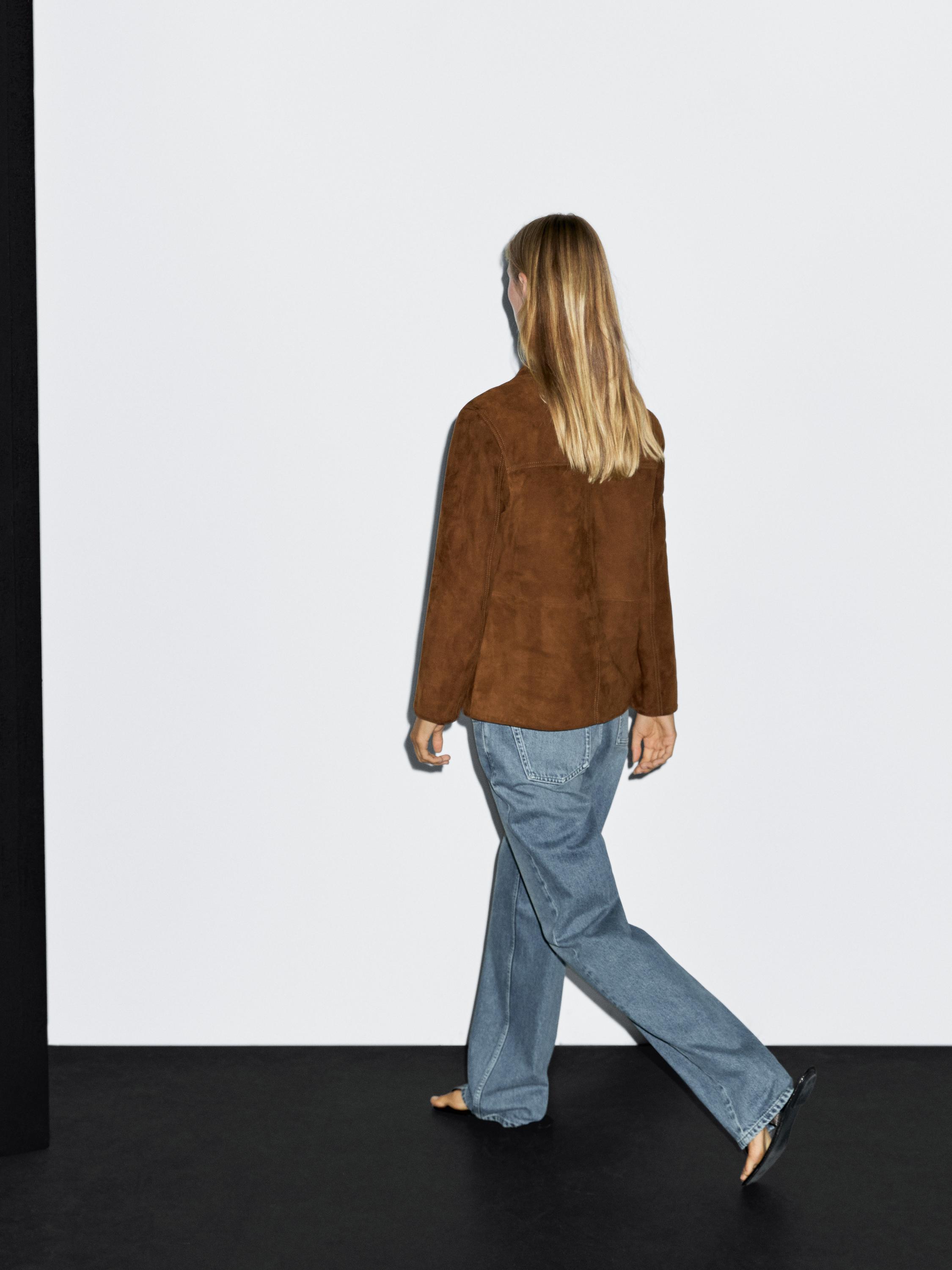 Suede leather blazer with topstitching