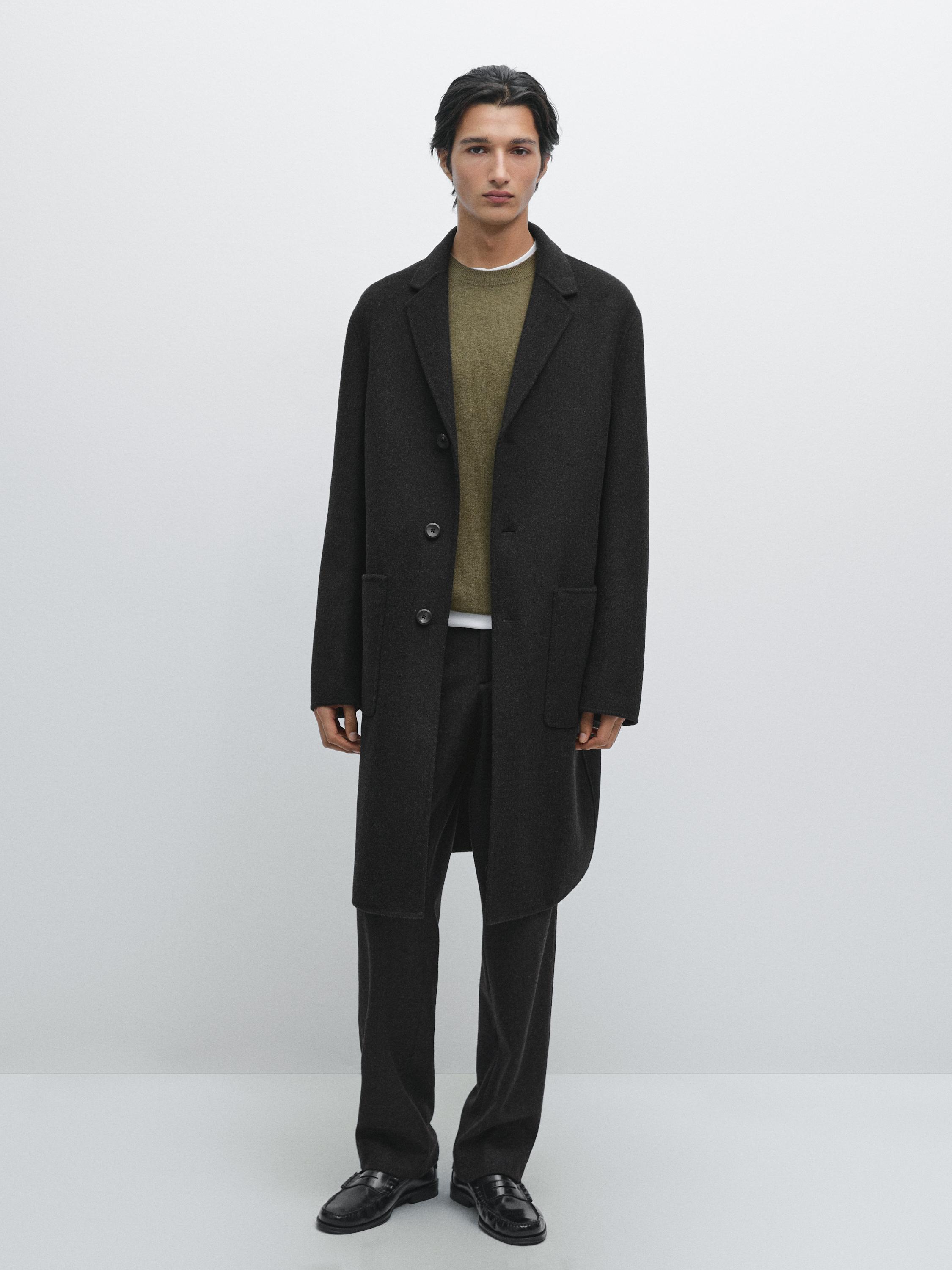 Manteau long à revers en laine mélangée