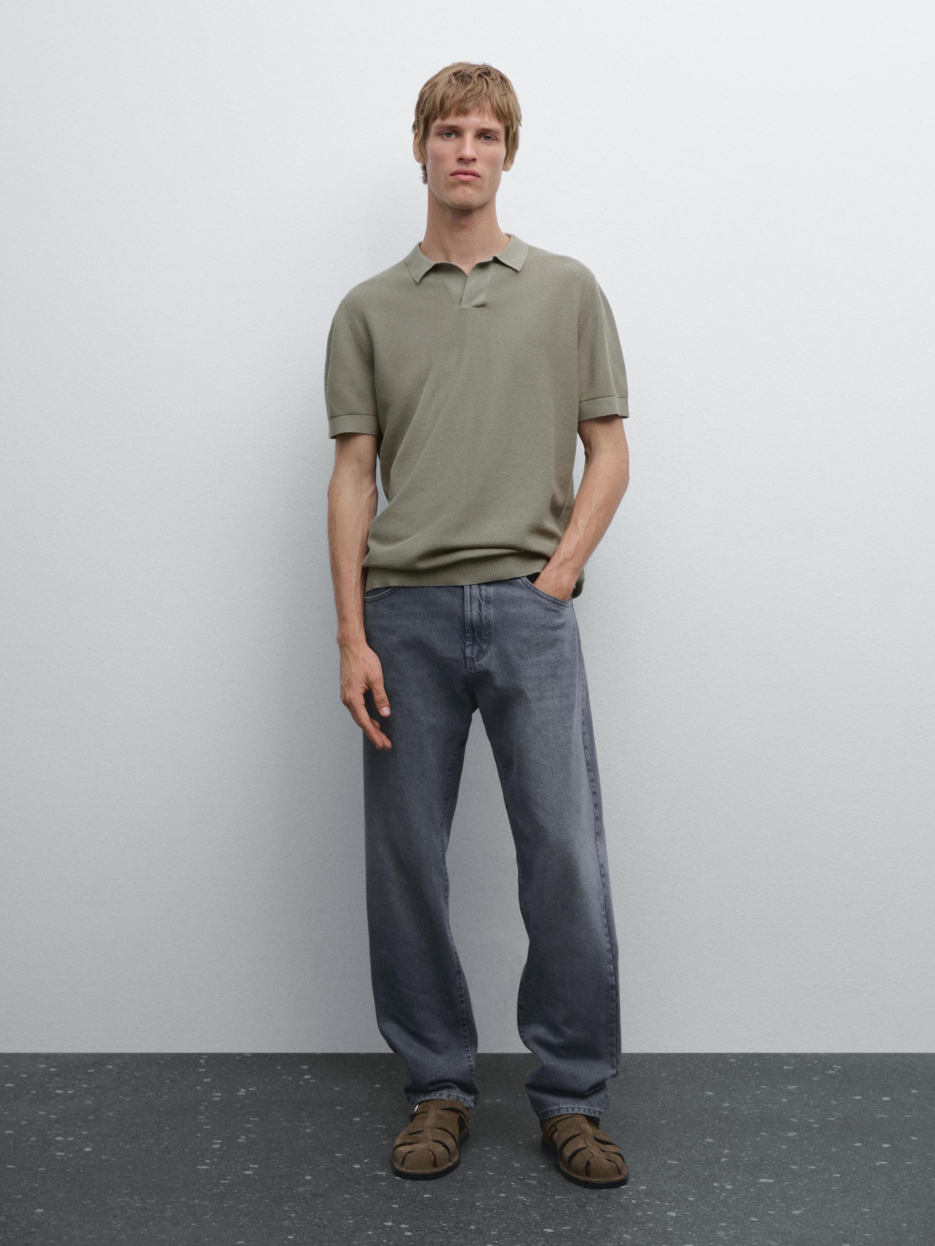 Dzianinowy Sweter Ze 100% Bawełny Z Kołnierzykiem Polo - Szary Mysi - L - Massimo Dutti - Mężczyzna