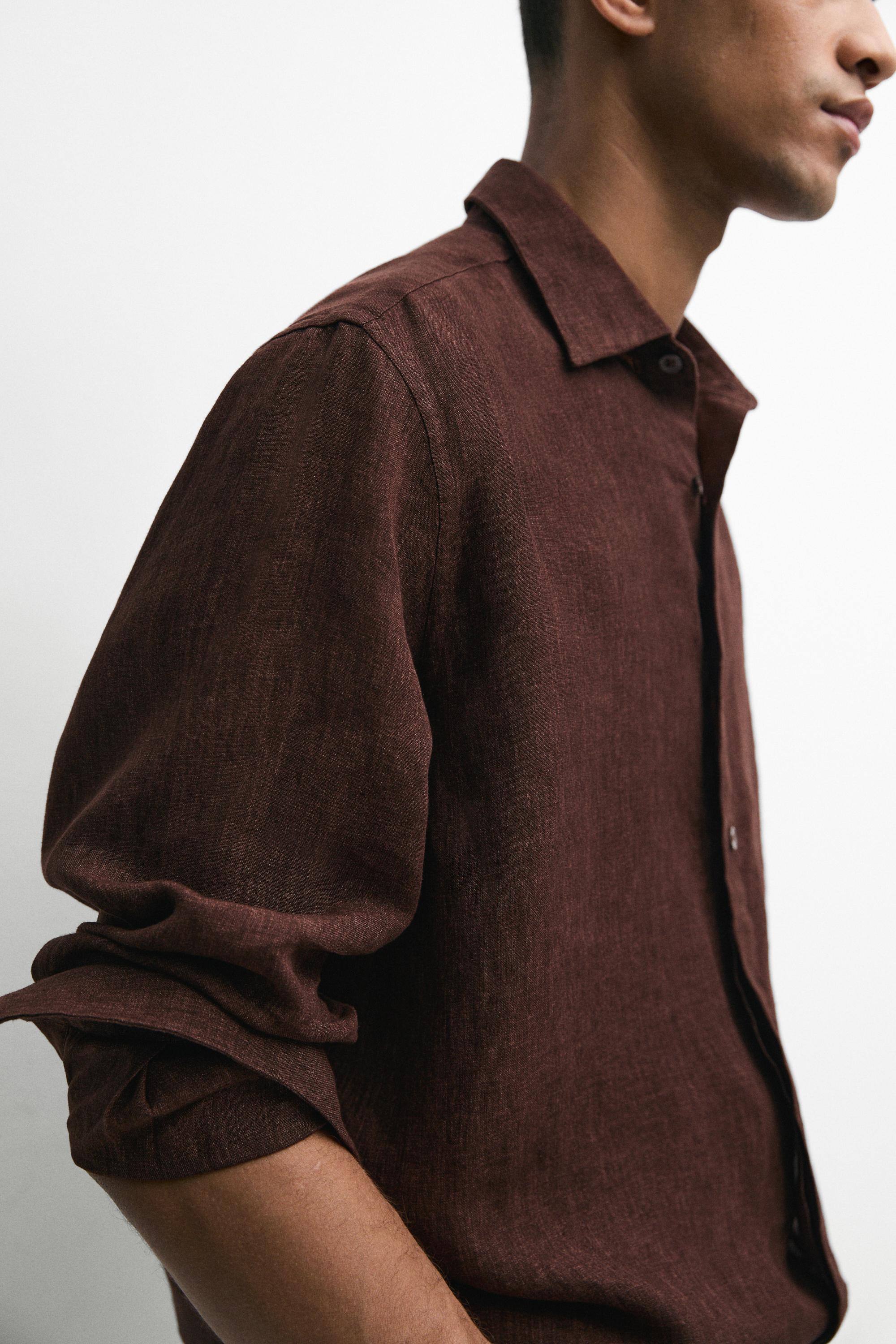 100% linen regular fit shirt with button detail — BROWN