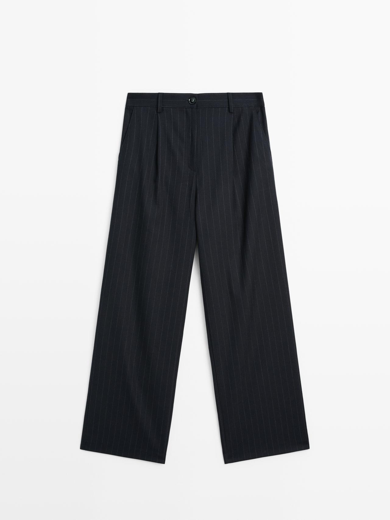 Massimo Dutti - Dame - Nålestribede Bukser Med Brede Ben - Marineblå - 44