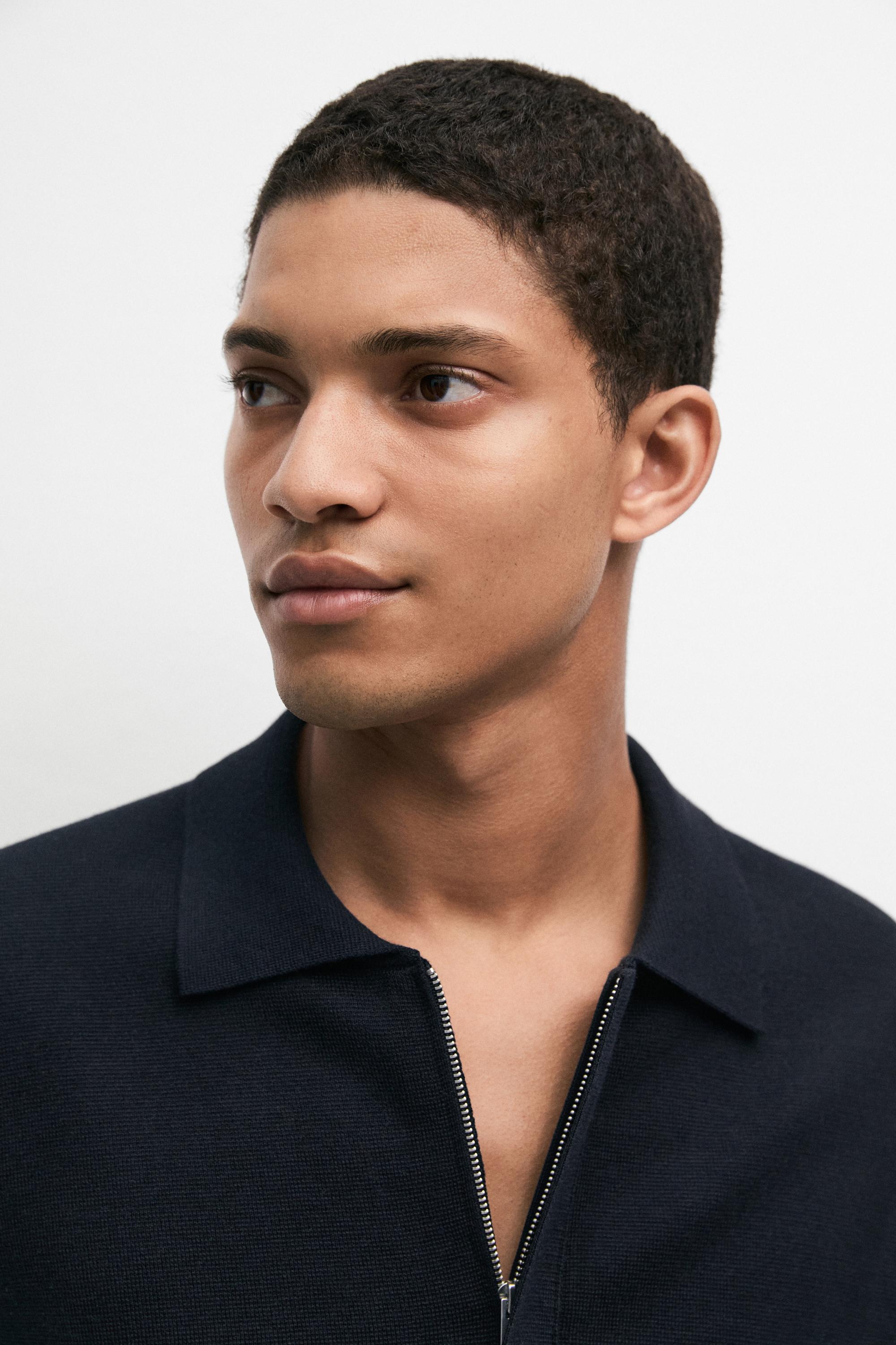 Cotton blend zip-up knit polo sweater — NAVY BLUE