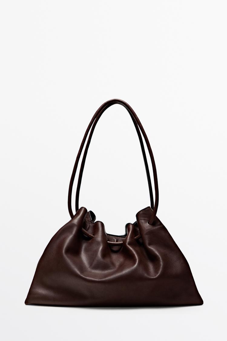 Medium ruched nappa leather bag — BROWN