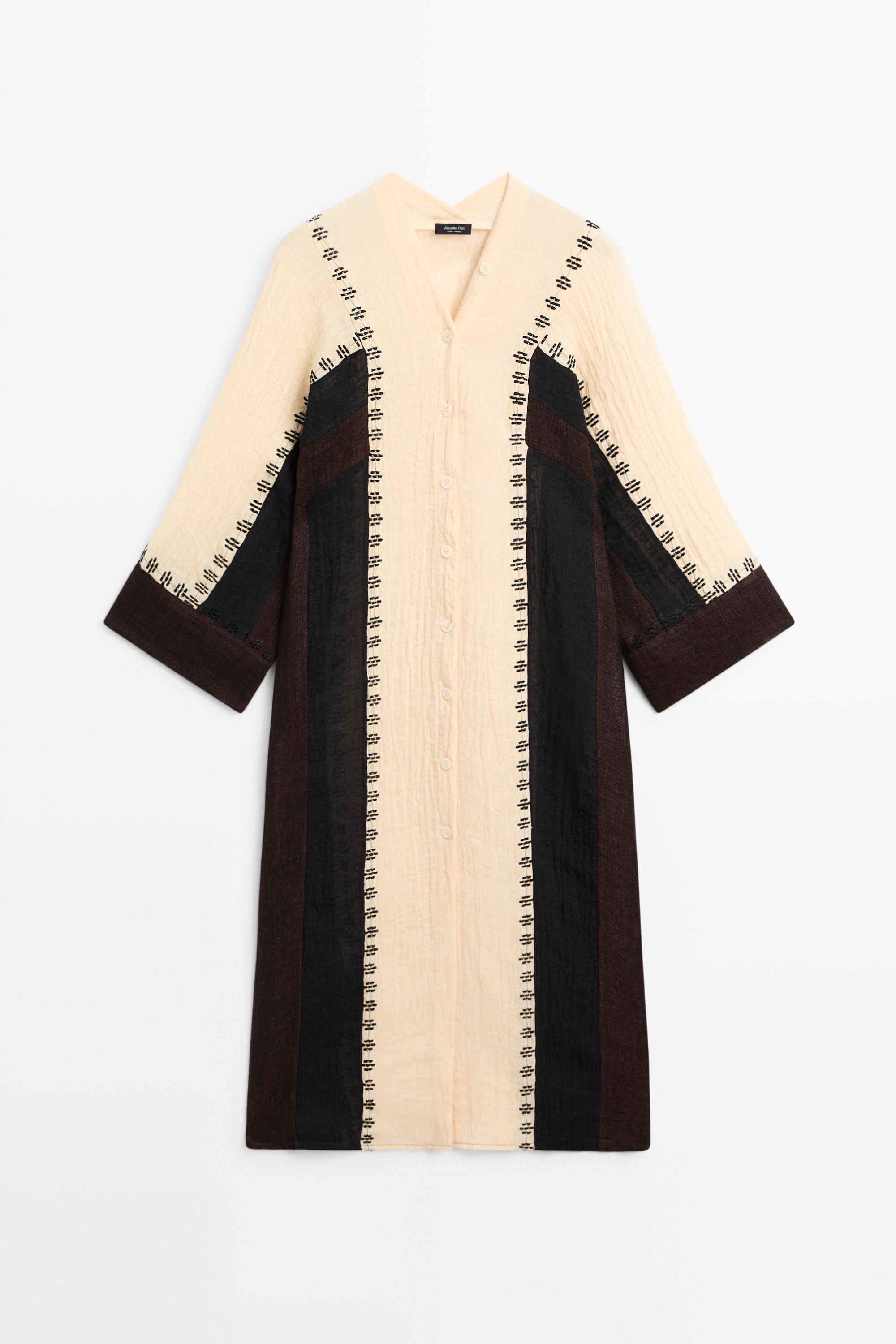 Linen blend embroidered kaftan dress — BROWN