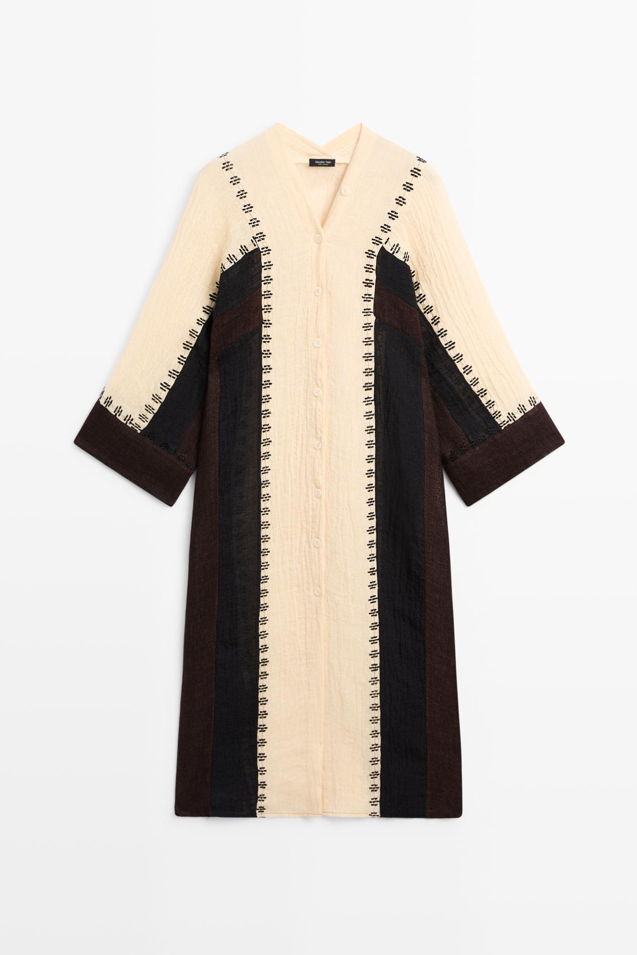 Linen blend embroidered kaftan dress — BROWN