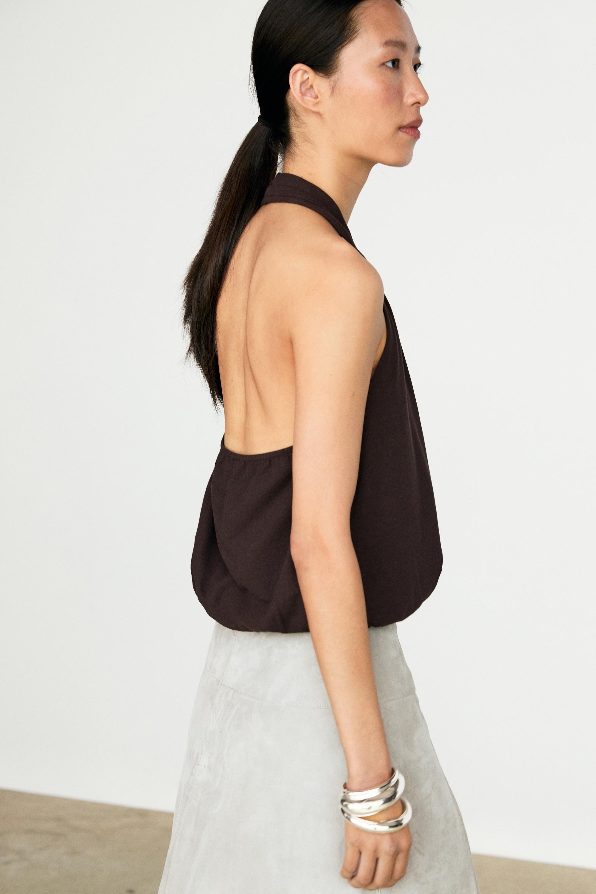 Cotton halter top with elasticated hem — BROWN