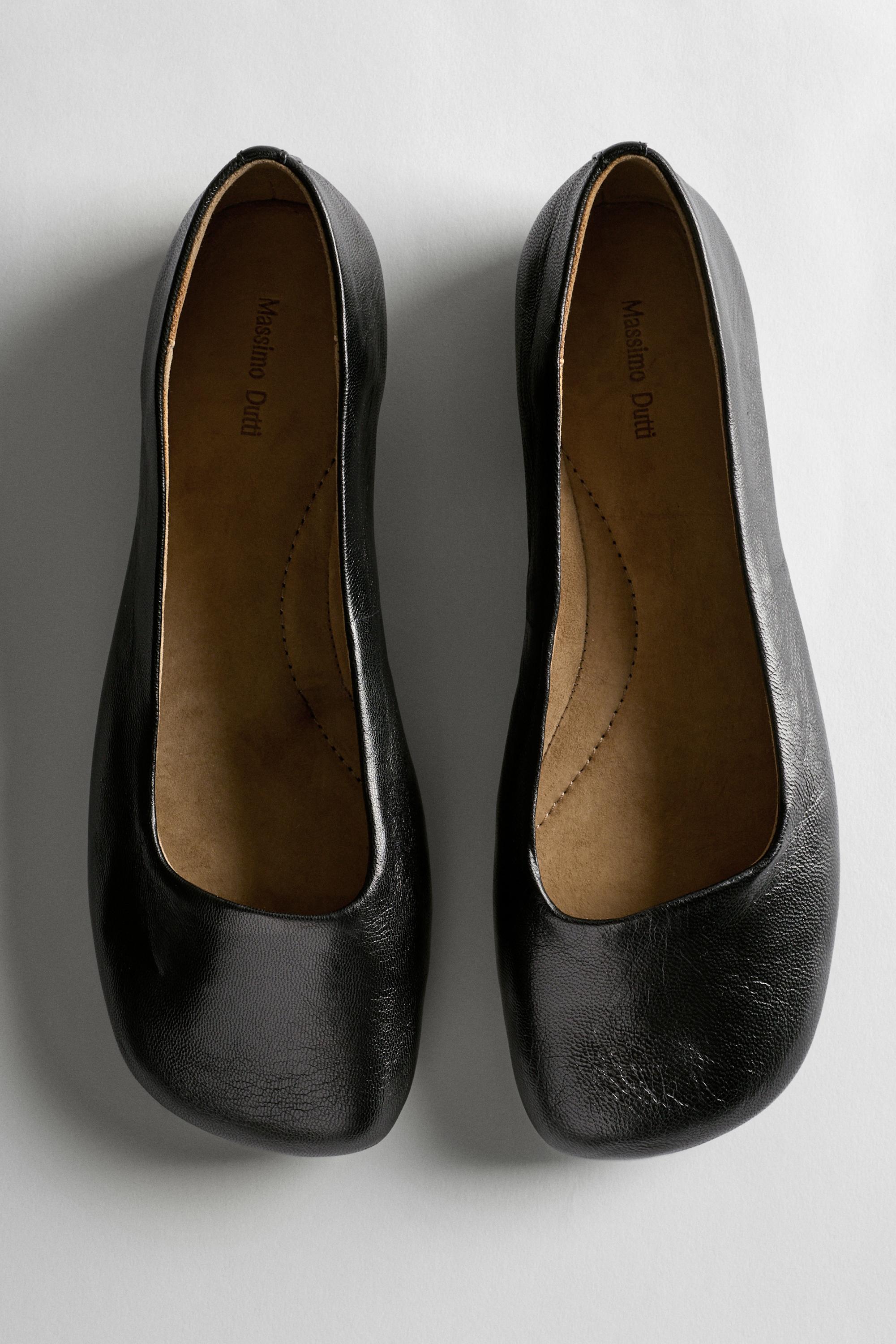 Square toe leather ballet flats — BLACK