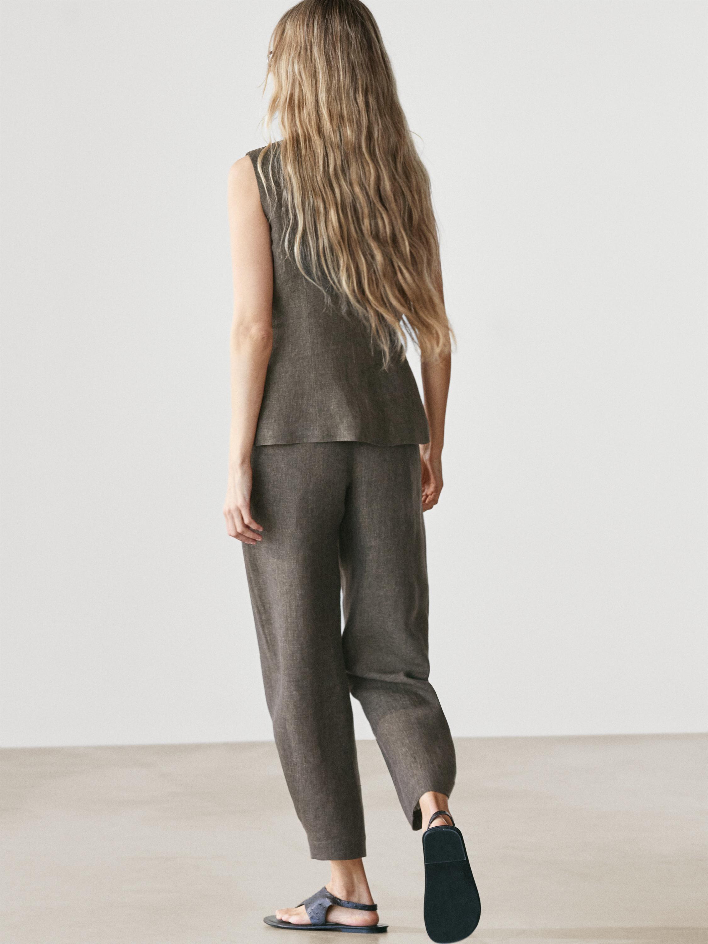 100% linen vest with button detail — Chocolate