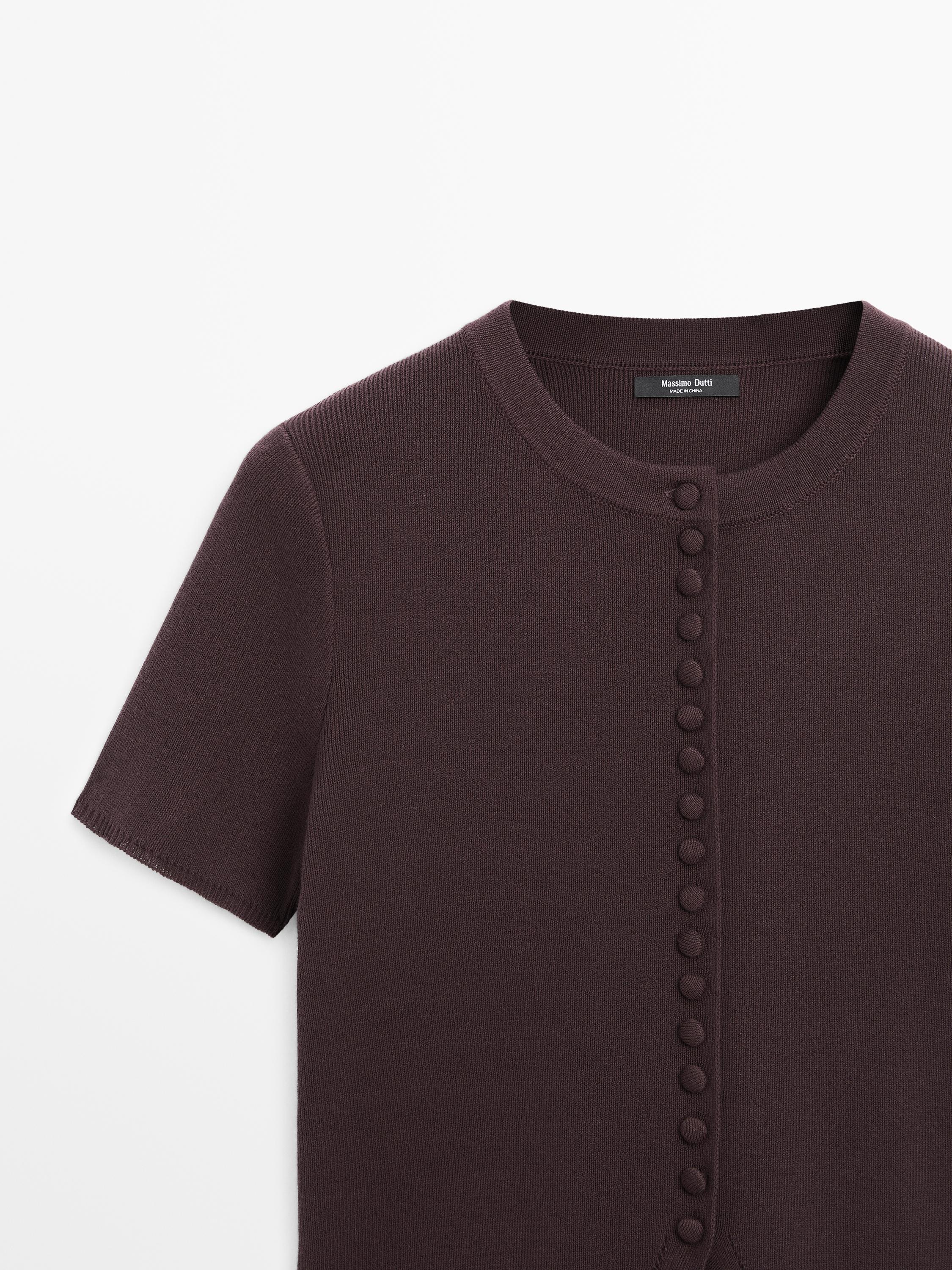 Cotton short sleeve knit cardigan — BROWN