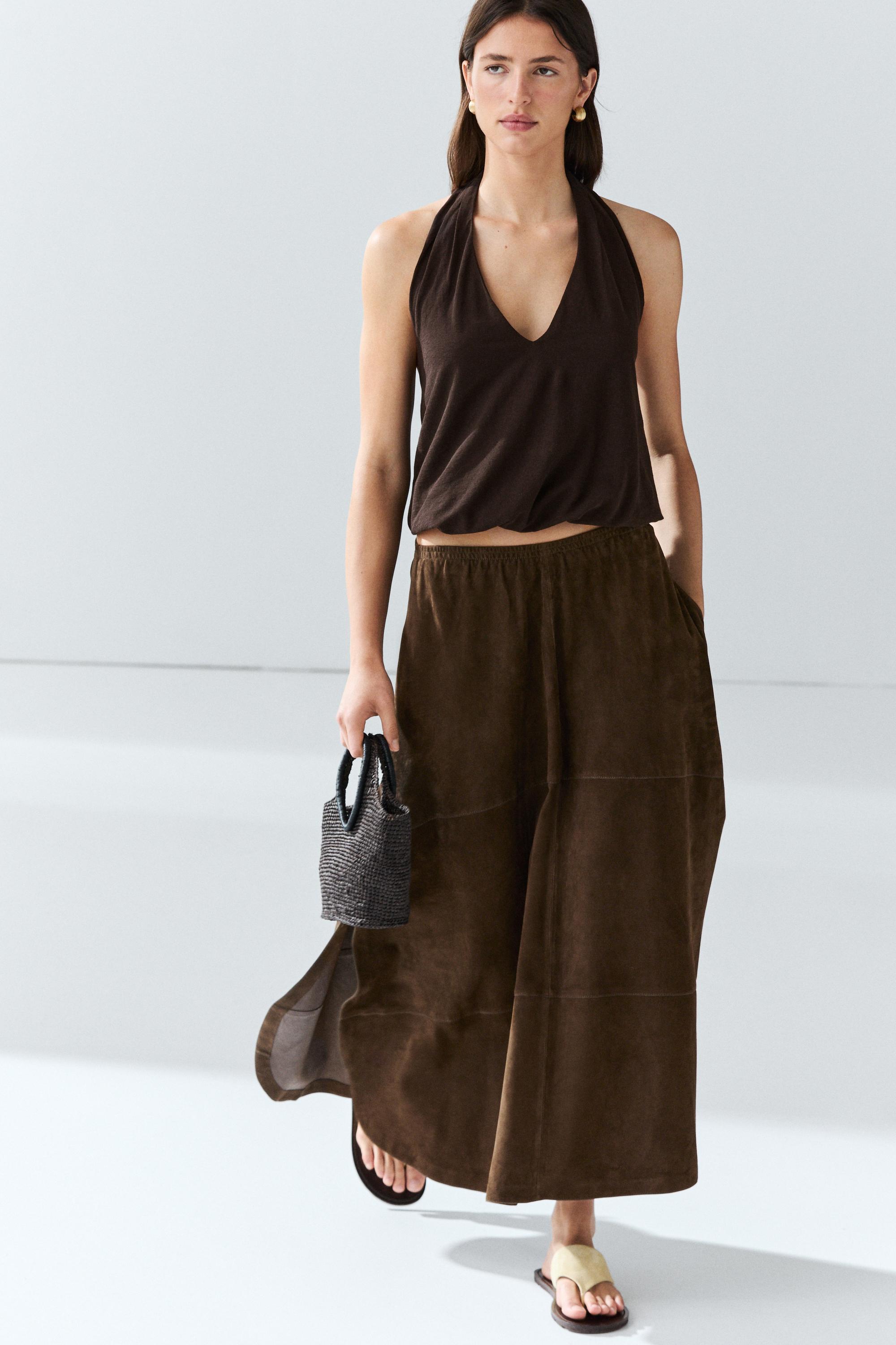 Suede leather midi skirt — BROWN