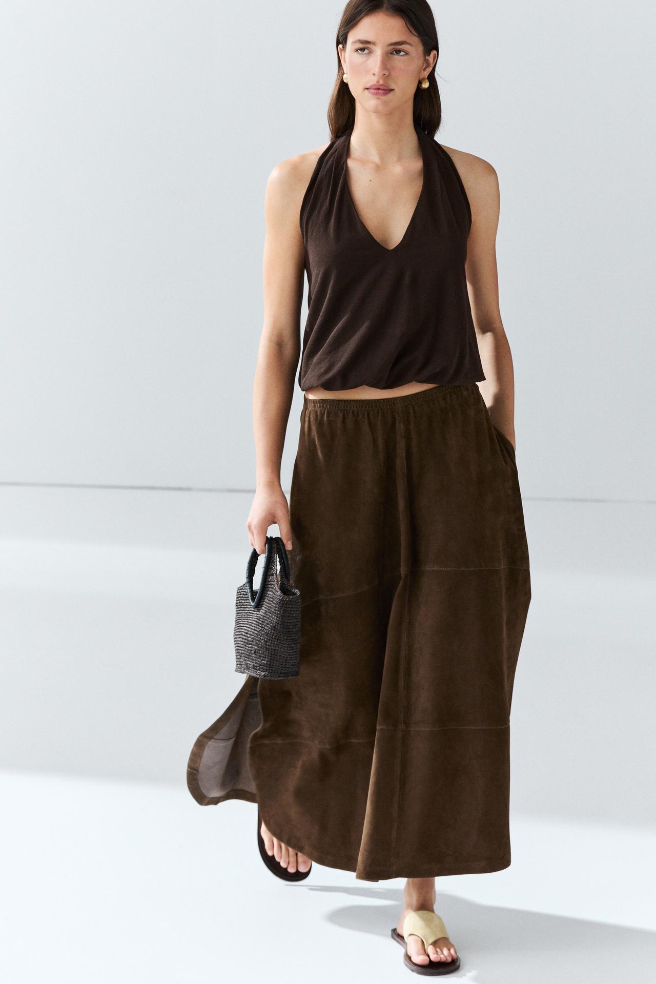 Suede leather midi skirt — BROWN