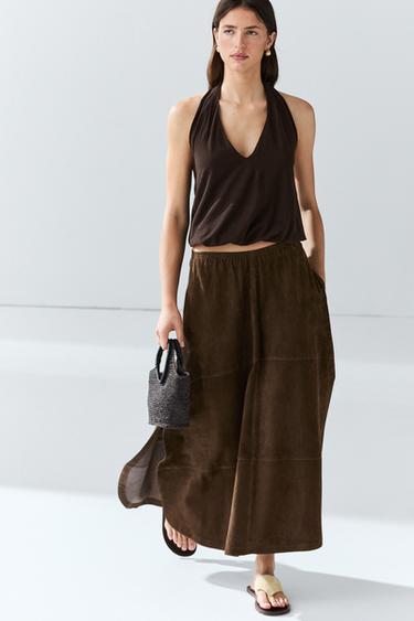 Suede leather midi skirt — BROWN 5