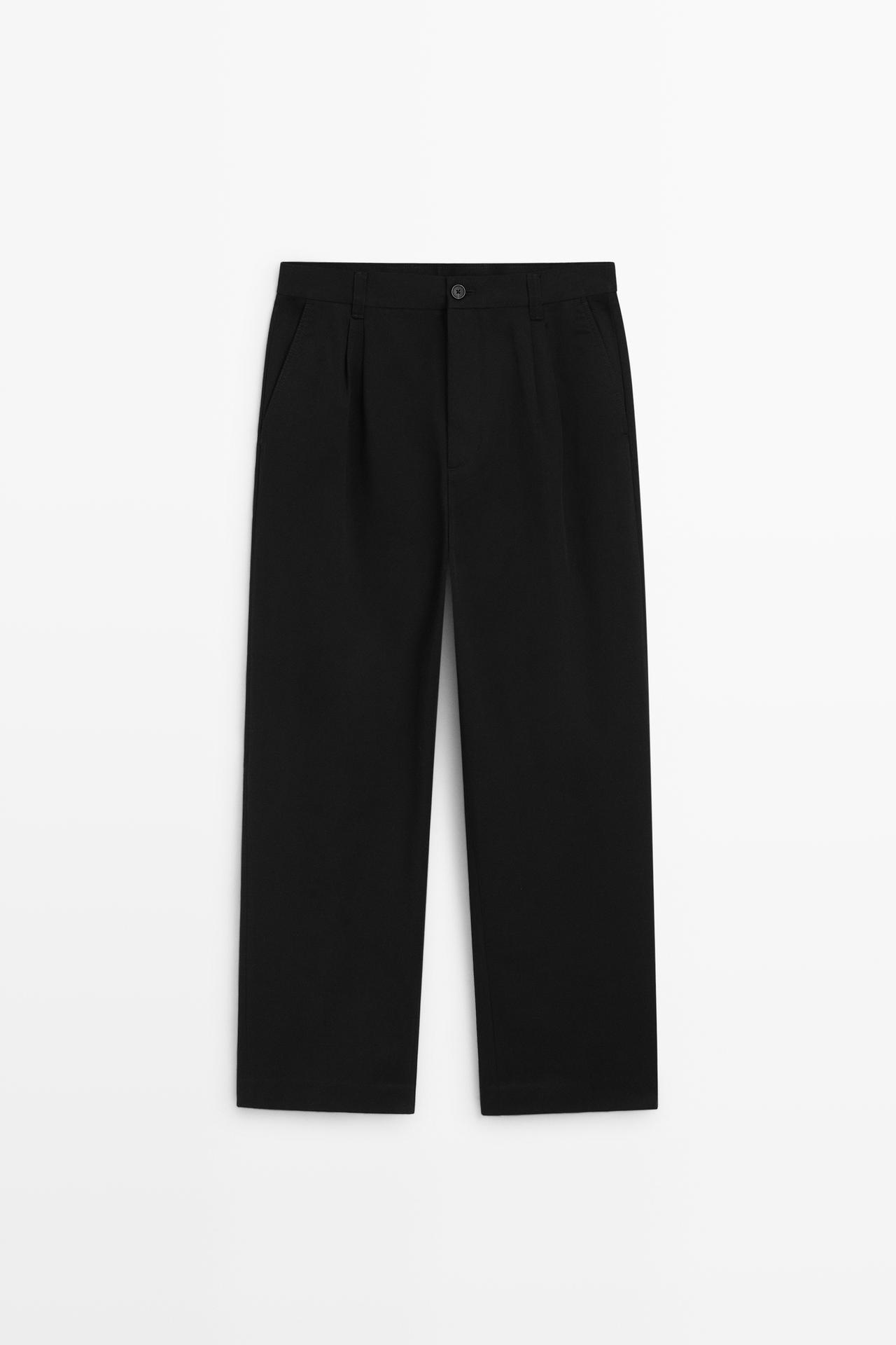 Pants with double pleats, 100% cotton — BLACK