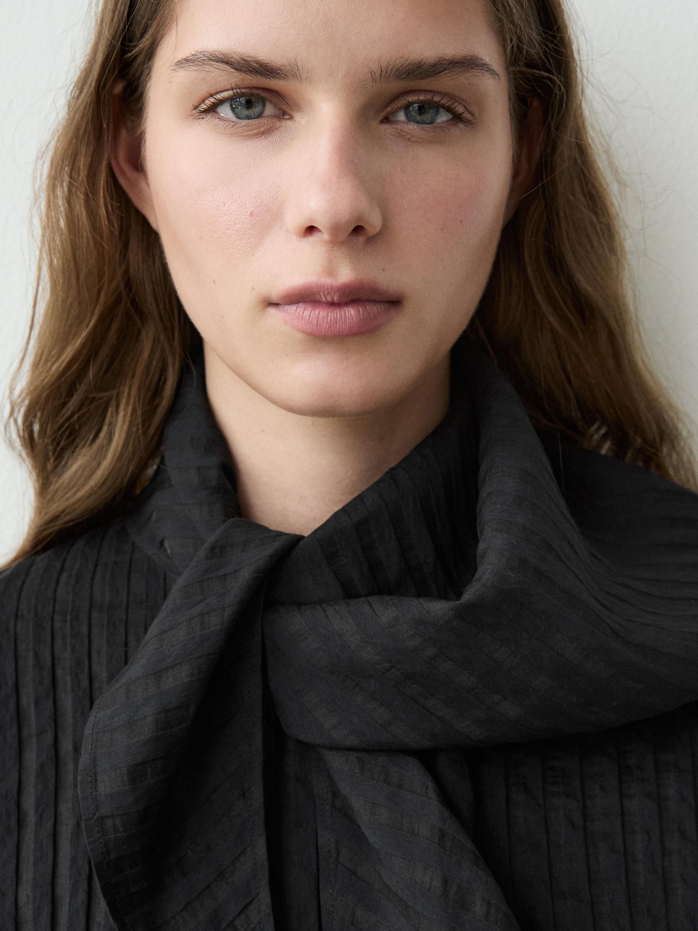 Striped flowing shirt with scarf detail — BLACK