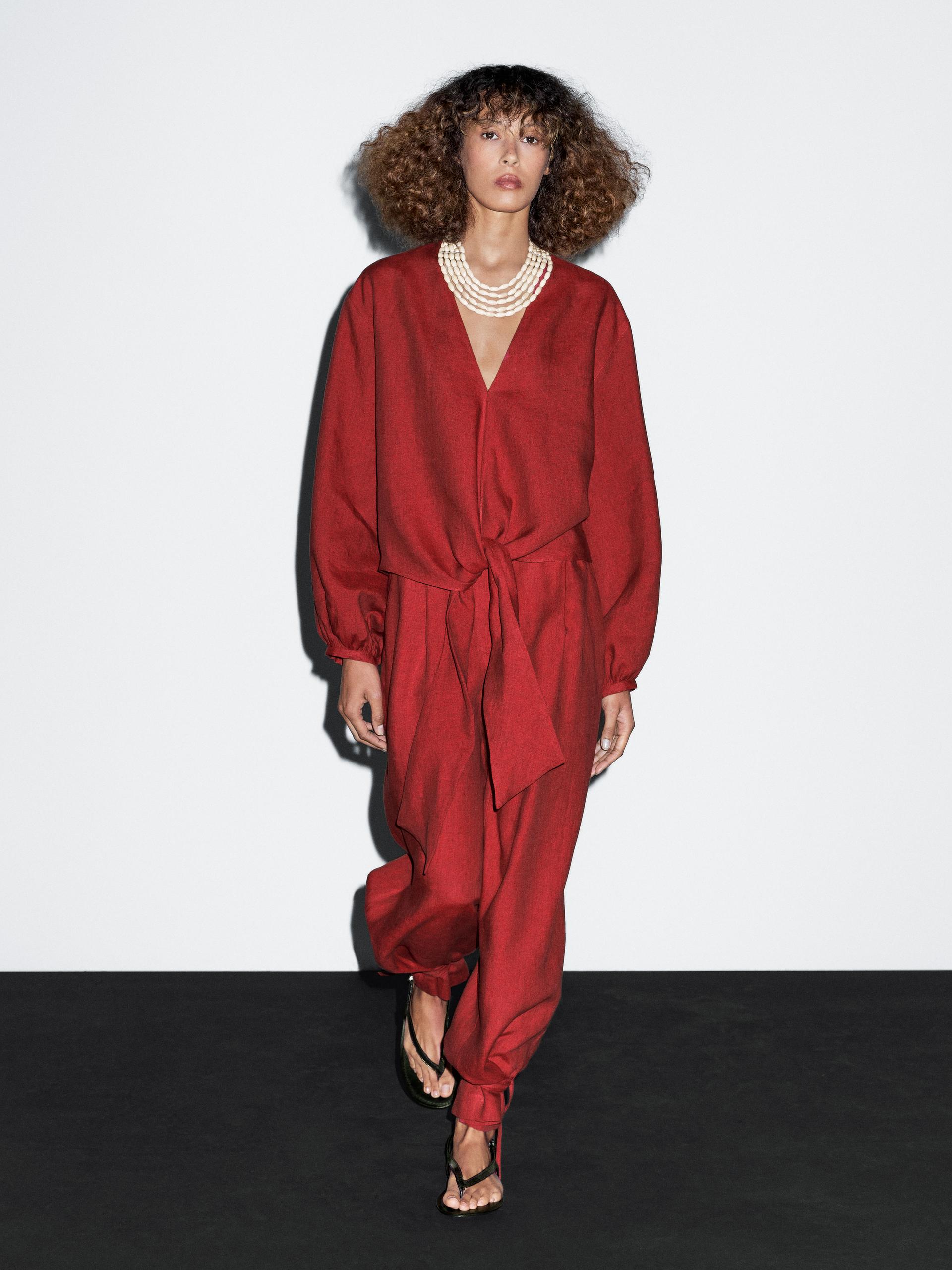 Massimo Dutti 100% Linen Blouse With Tie Detail In Red