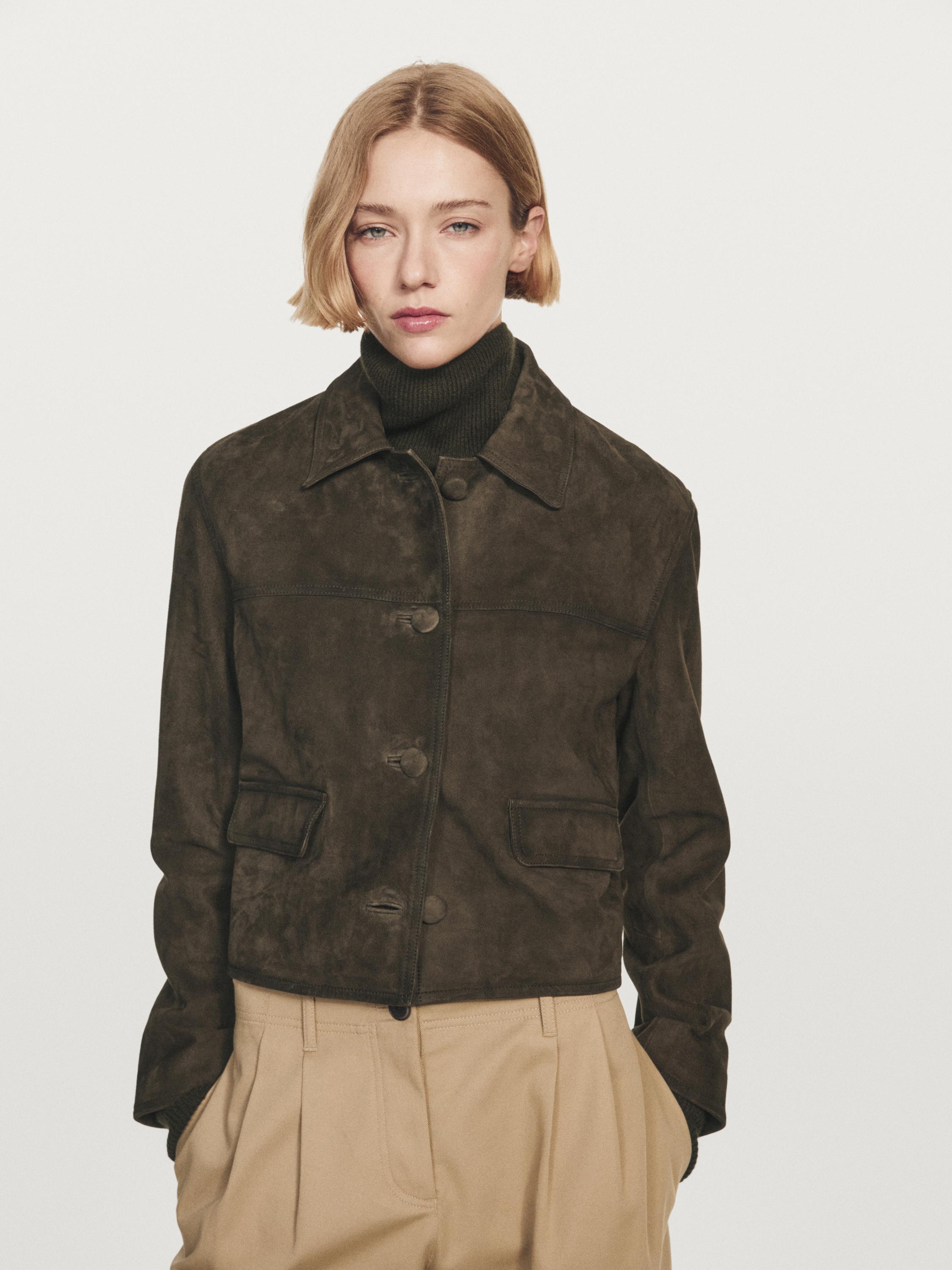 Veste en cuir effet daim avec boutons recouverts
