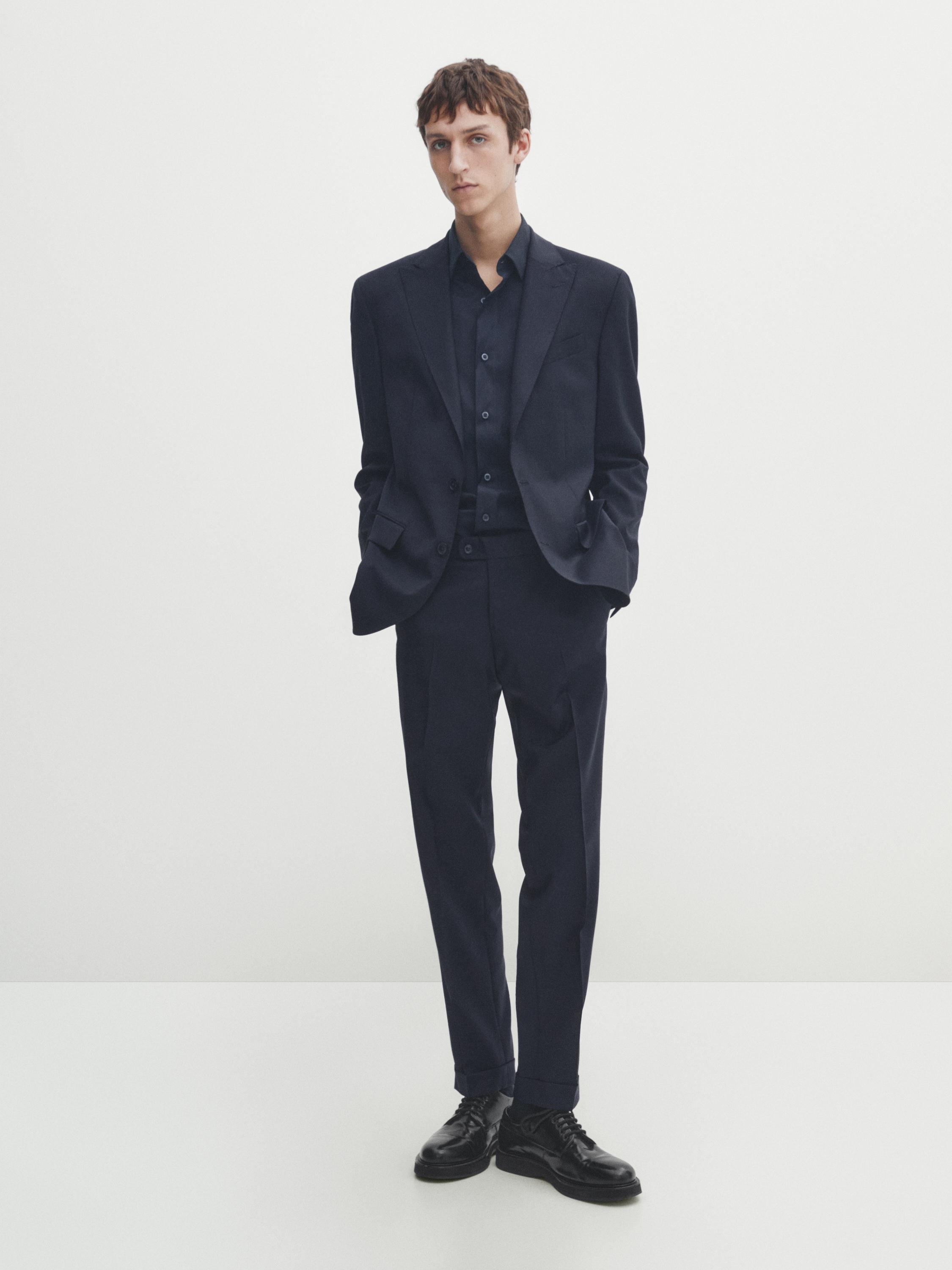 Veste de costume unie bleue en laine mélangée