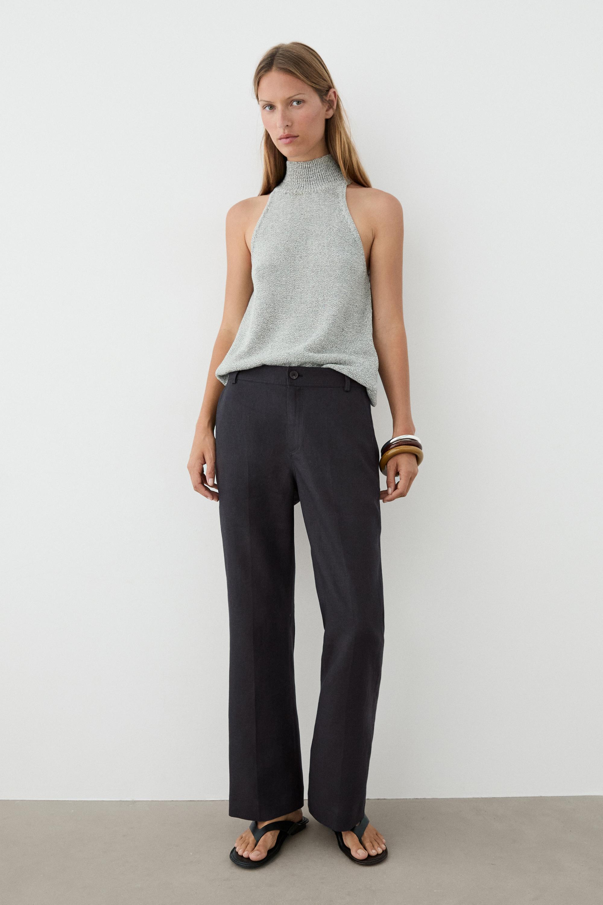Kick flare cropped linen trousers — NAVY BLUE