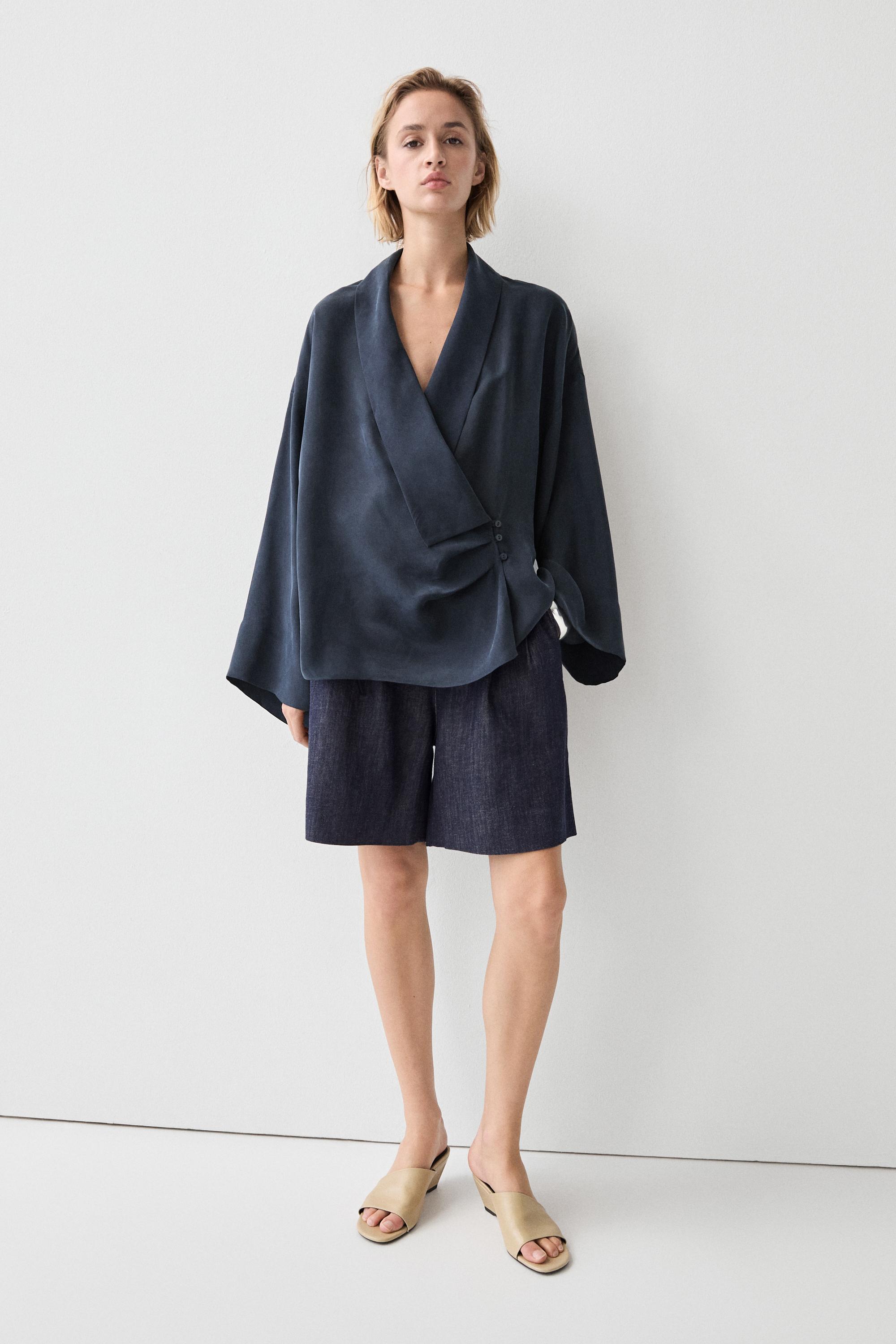 Flowing gathered wrap blouse — NAVY BLUE