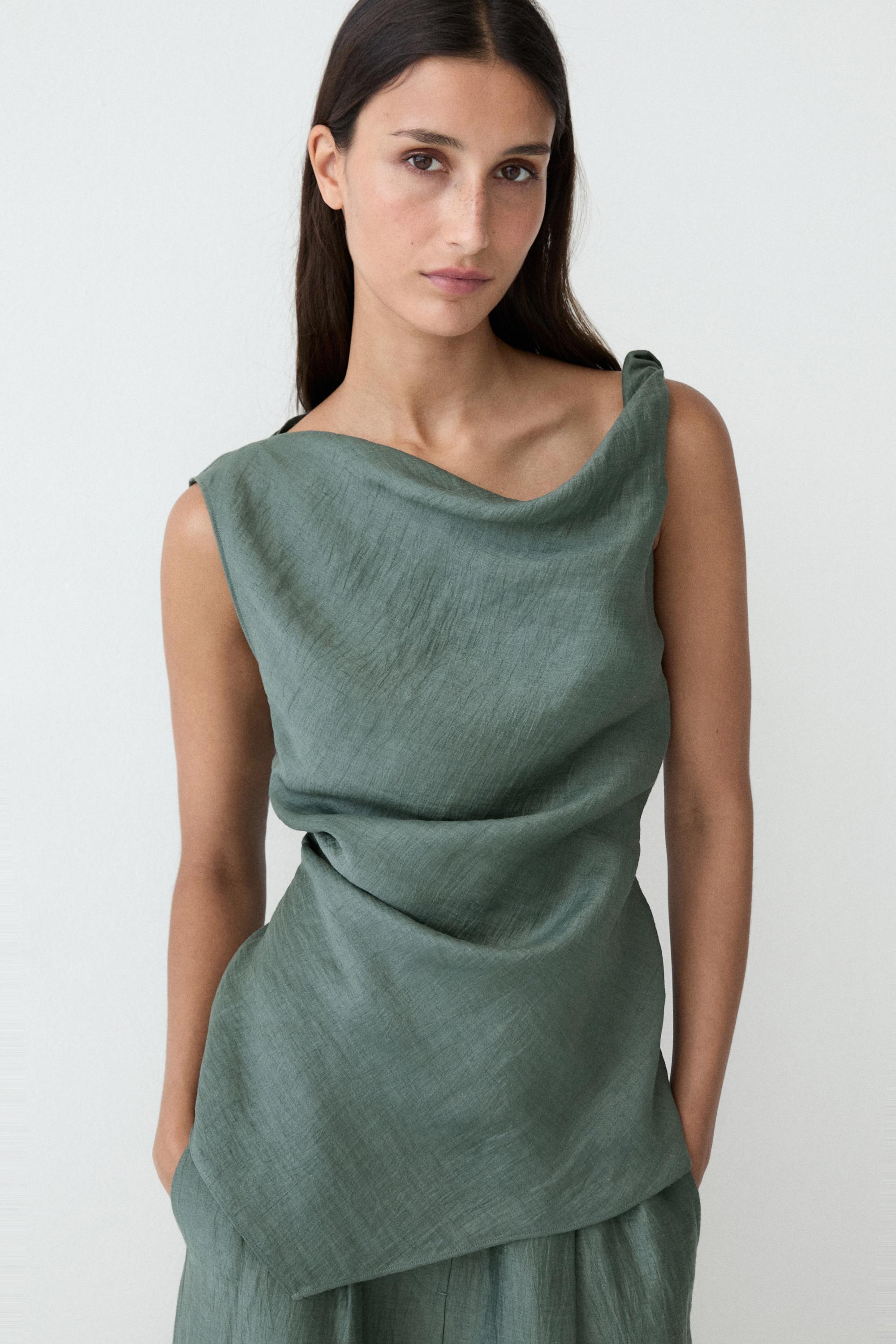 massimo dutti green asymmetric dress Long linen dress with asymmetric neckline