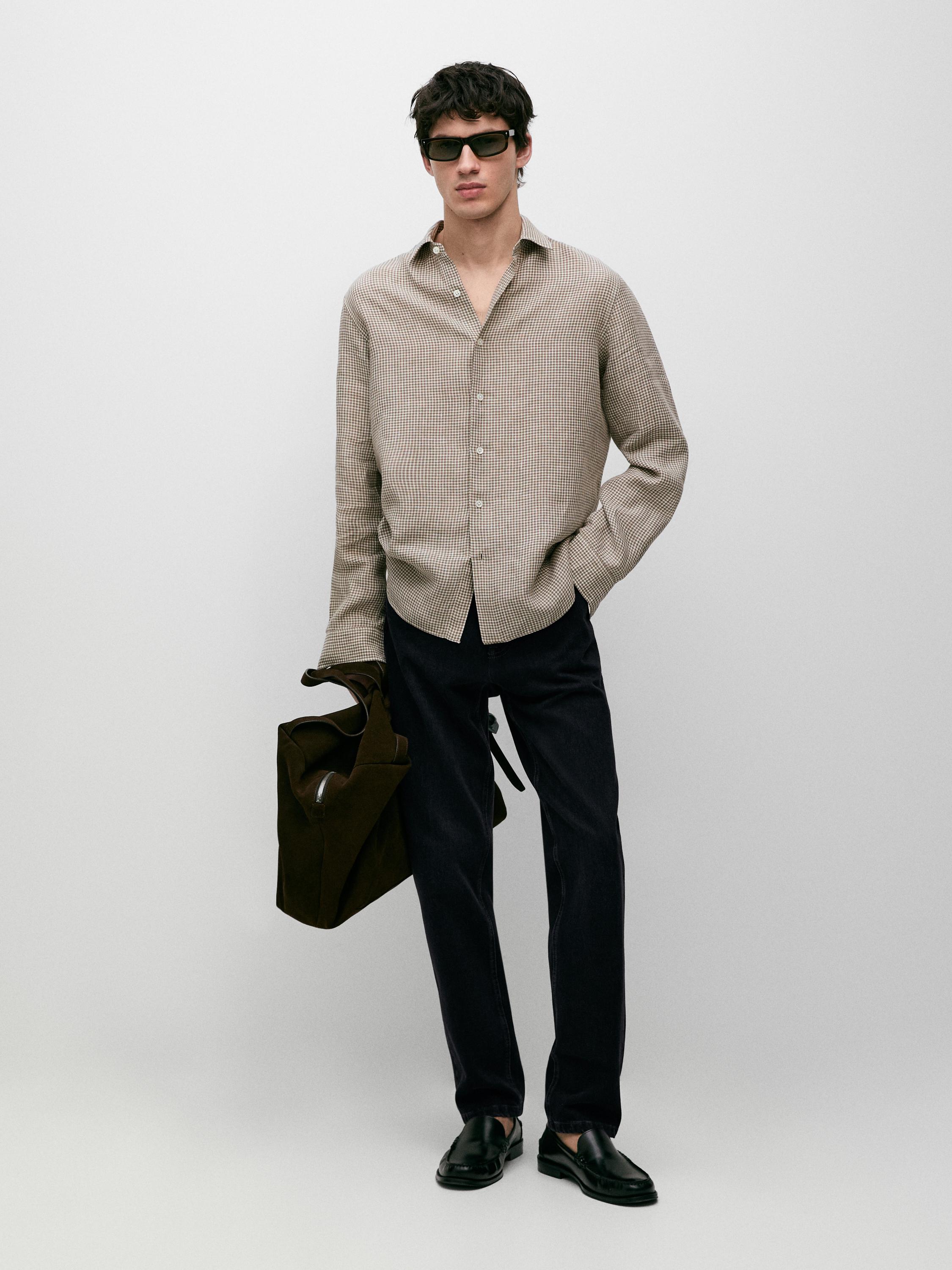 100% linen regular fit check shirt — BROWN