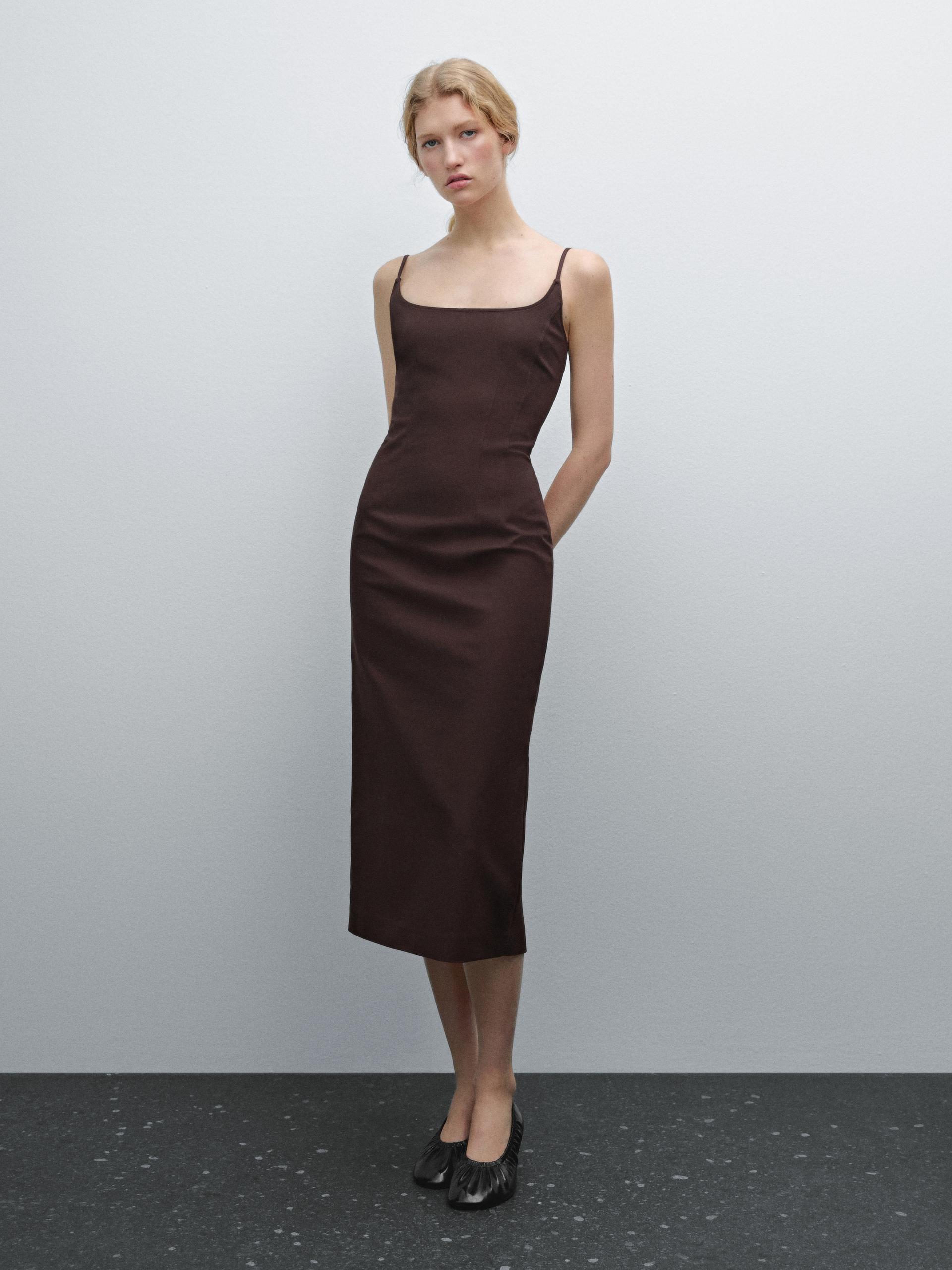 Vestido Midi Tirantes Mezcla Algodón - Granate - Xs - Massimo Dutti - Mujer