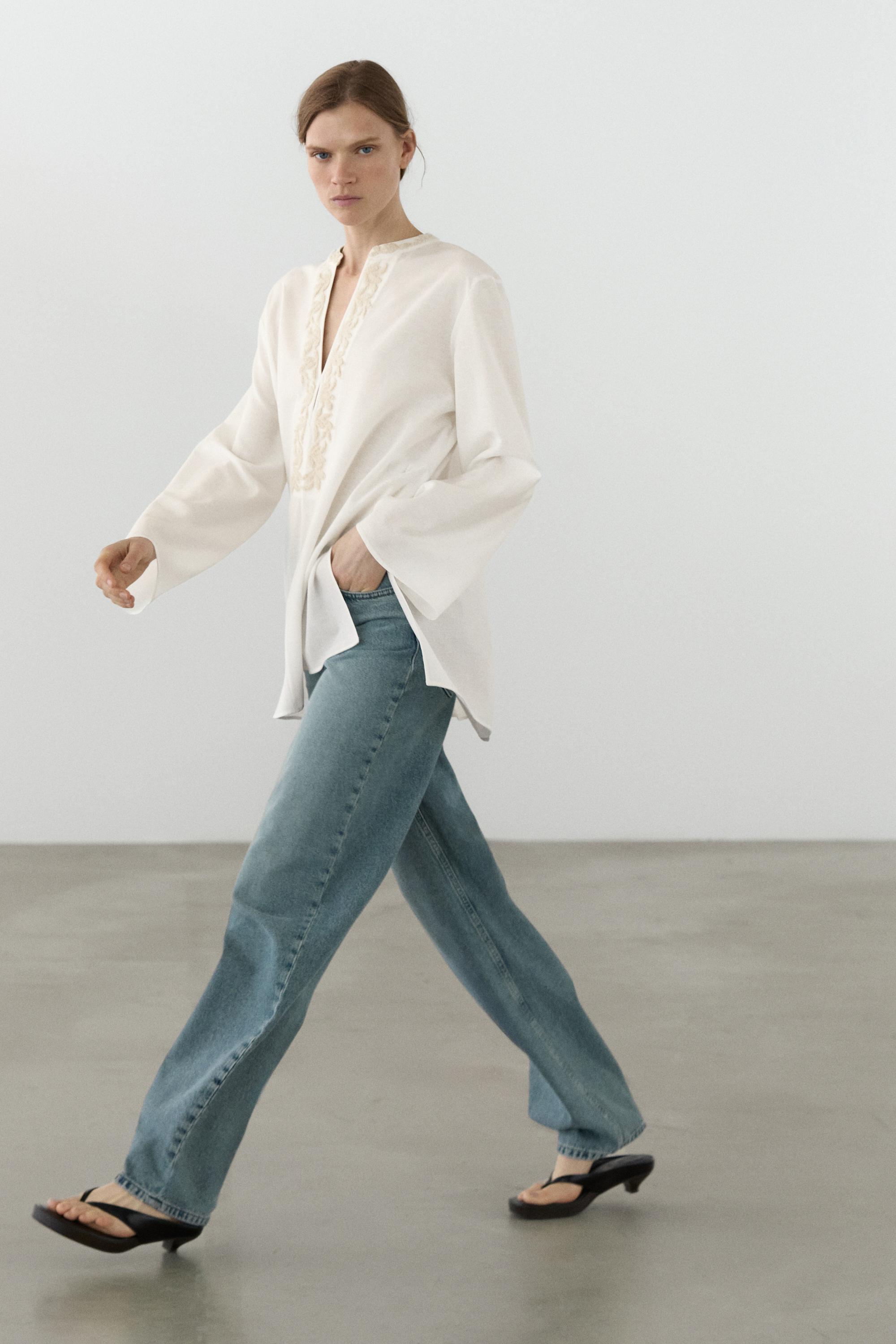 Flowing oversize blouse with stand collar and embroidery — CREAM