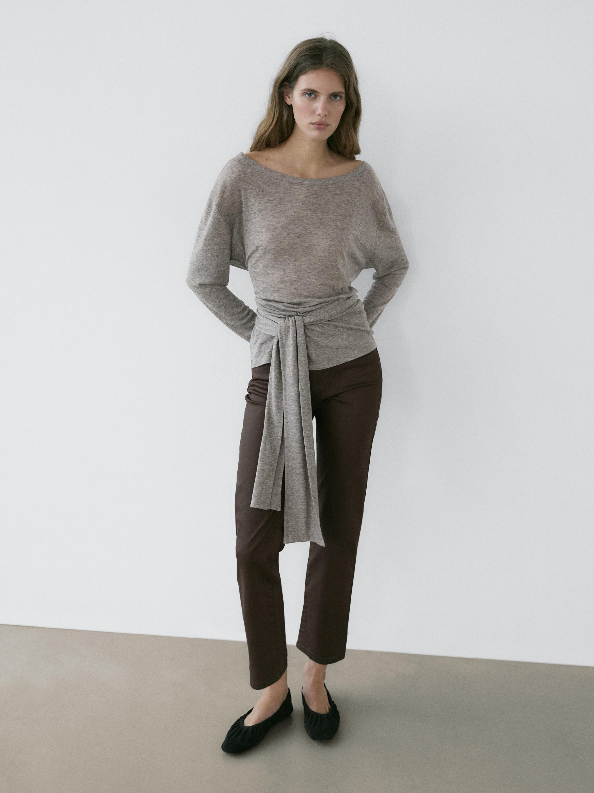 High-waist straight-leg waxed trousers — BROWN