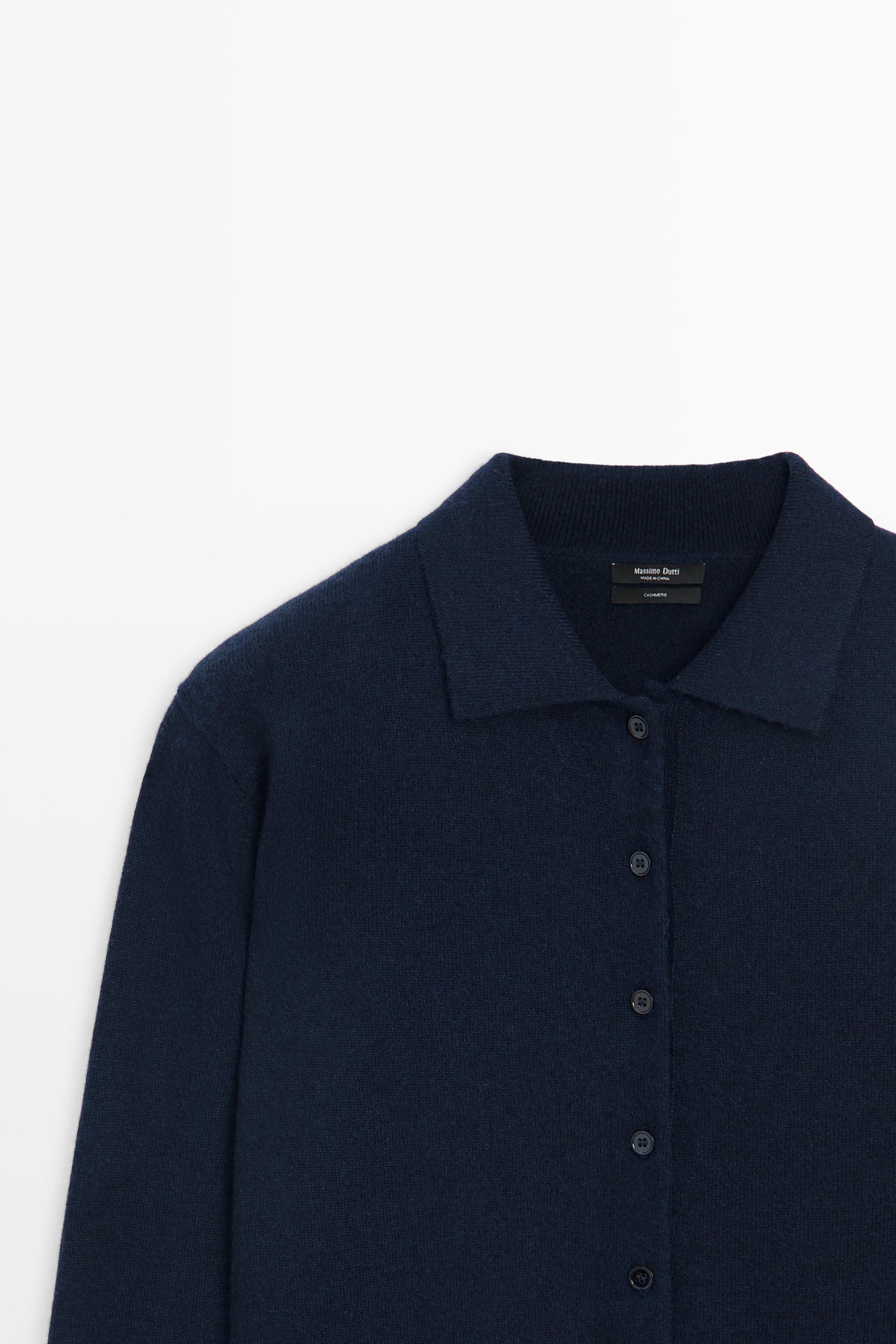100% cashmere knit polo collar cardigan — NAVY BLUE