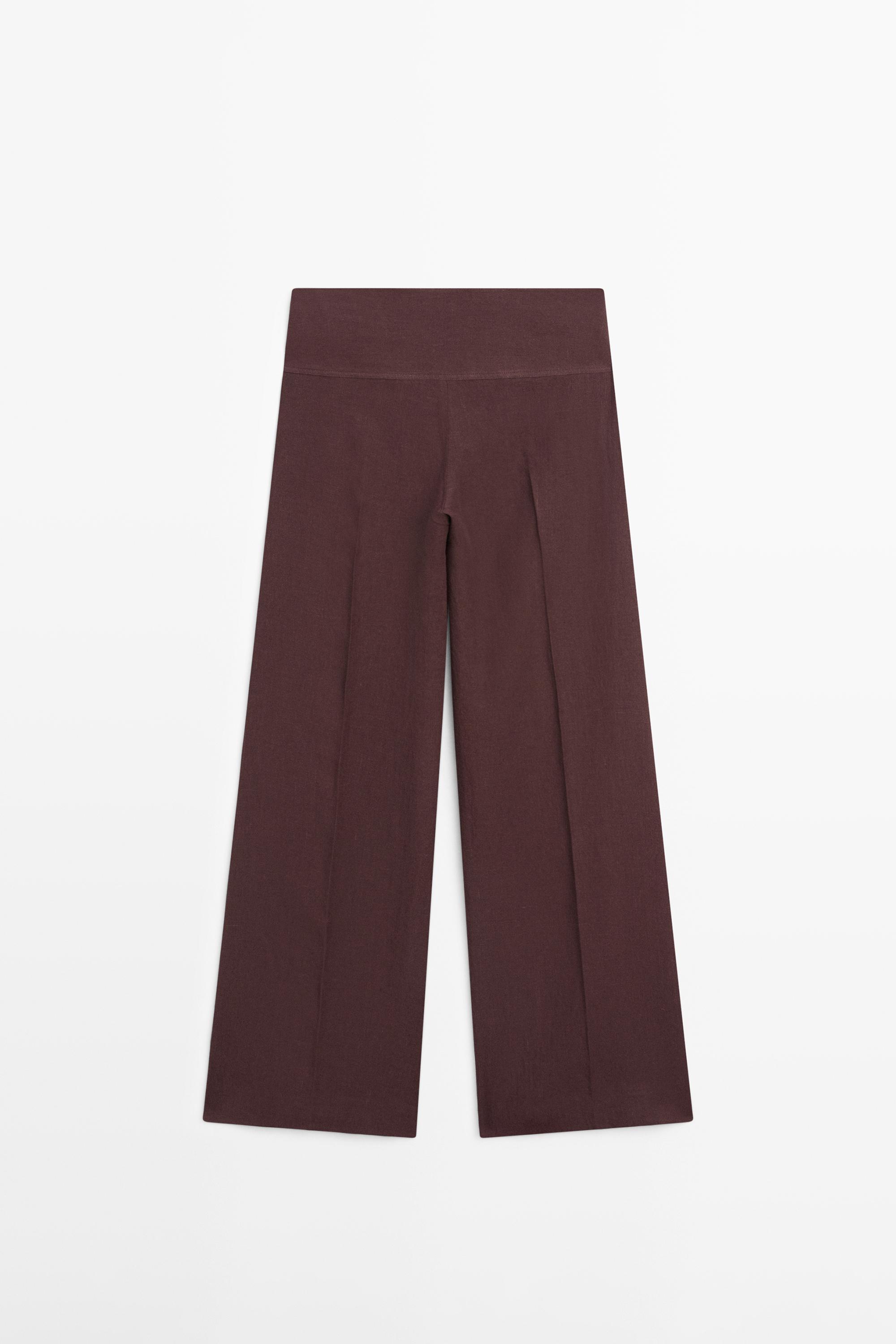 100% linen mid-waist flared pants — MAROON