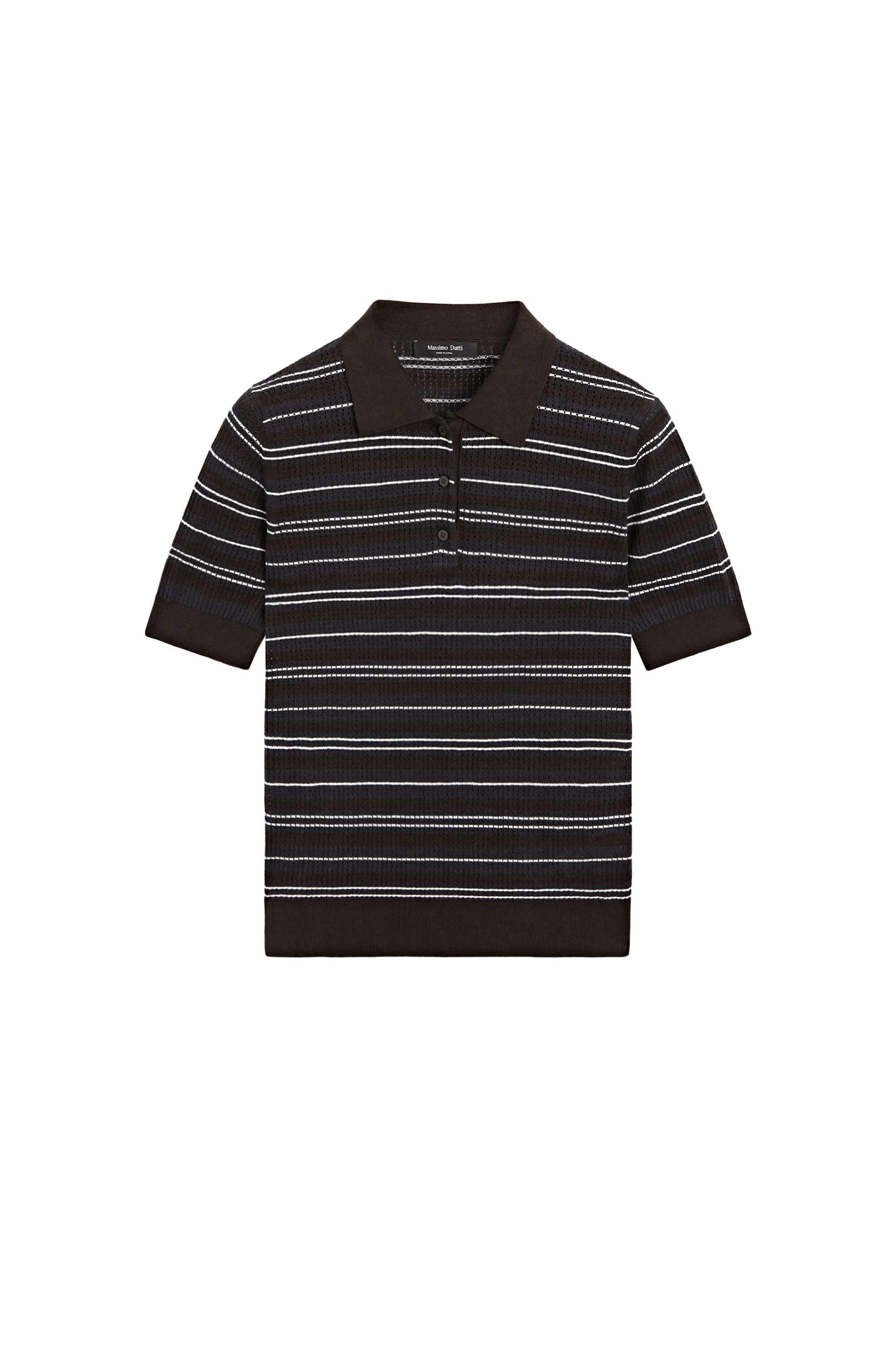 Massimo Dutti Pamuk karışımlı çizgili ajurlu polo yaka t-shirt görsel 7