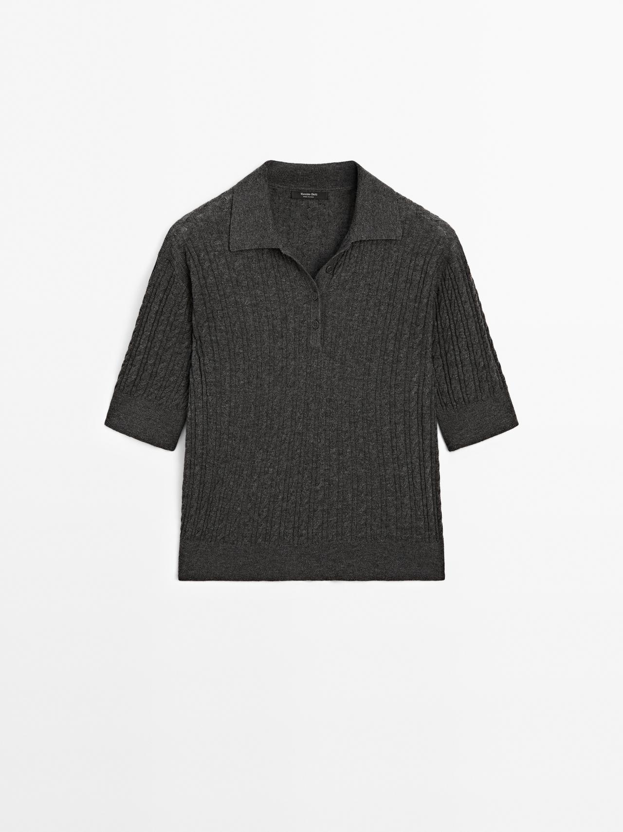 Massimo Dutti - Dame - Poloshirt I Kabelstrik Af Uldblanding - Koksgrå - M