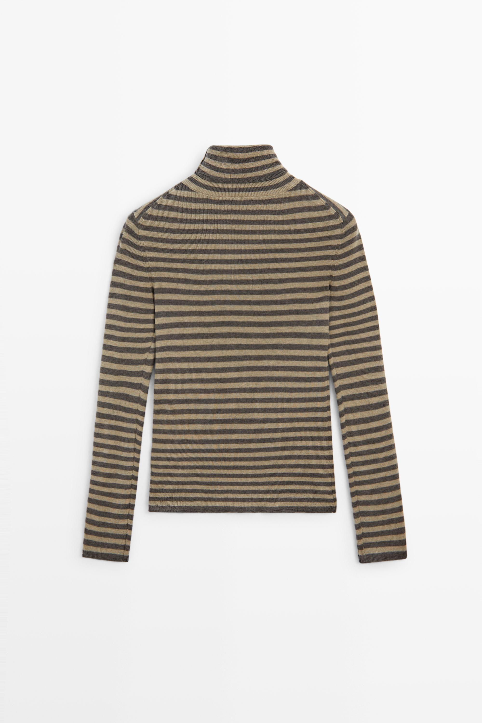 Striped turtleneck knit sweater — MOLE BROWN