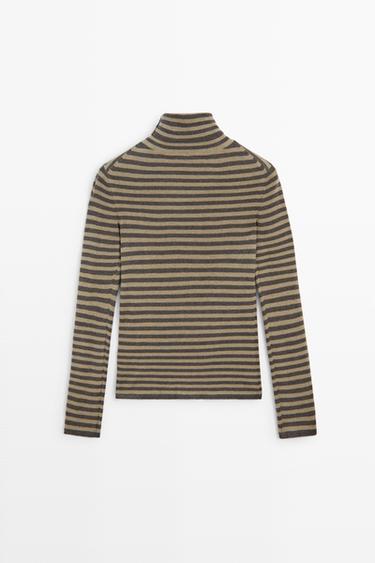 Striped turtleneck knit sweater — MOLE BROWN 6