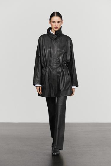 Nappa leather parka with gathered detail — BLACK 1