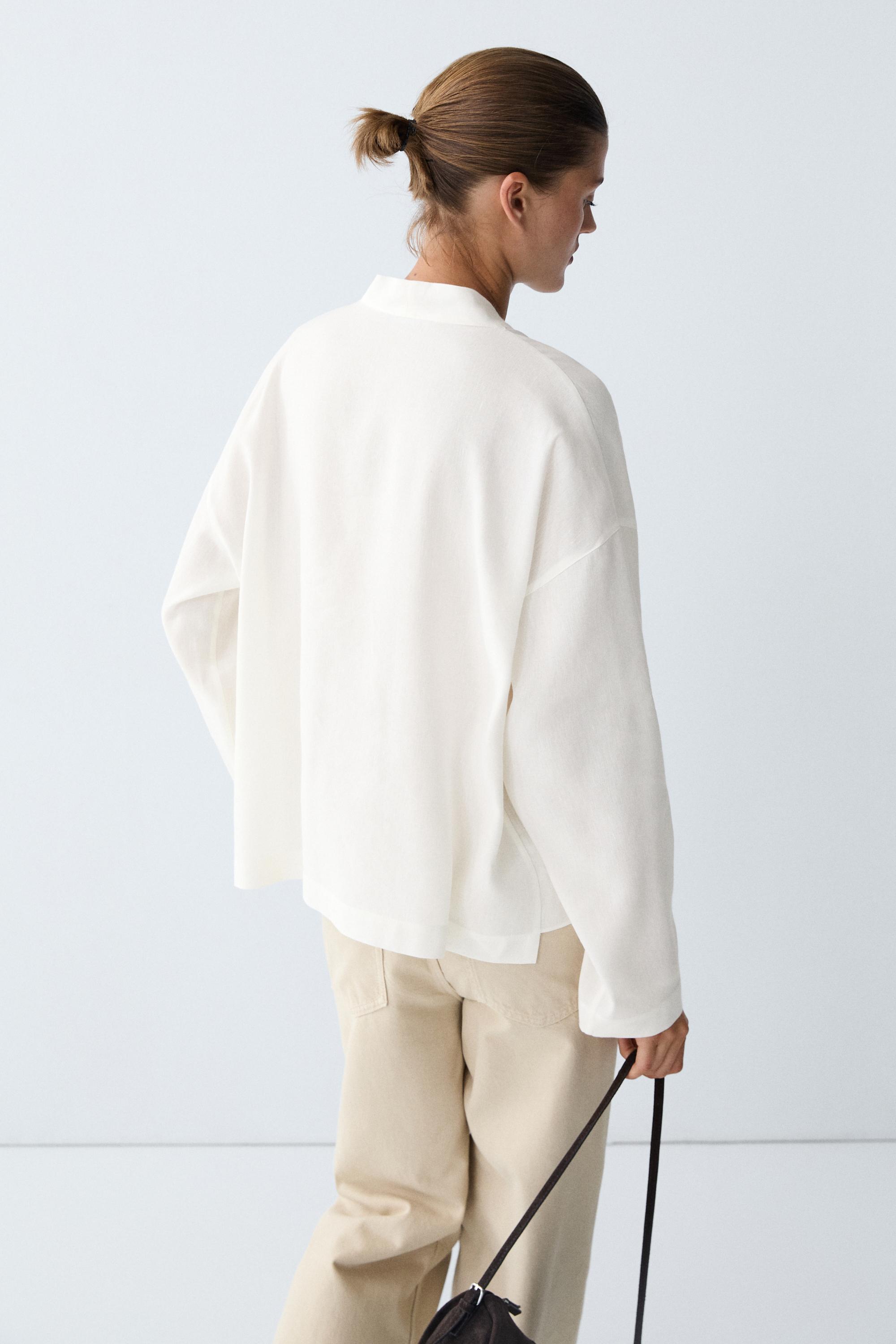 Flowing linen-blend V-neck shirt — WHITE