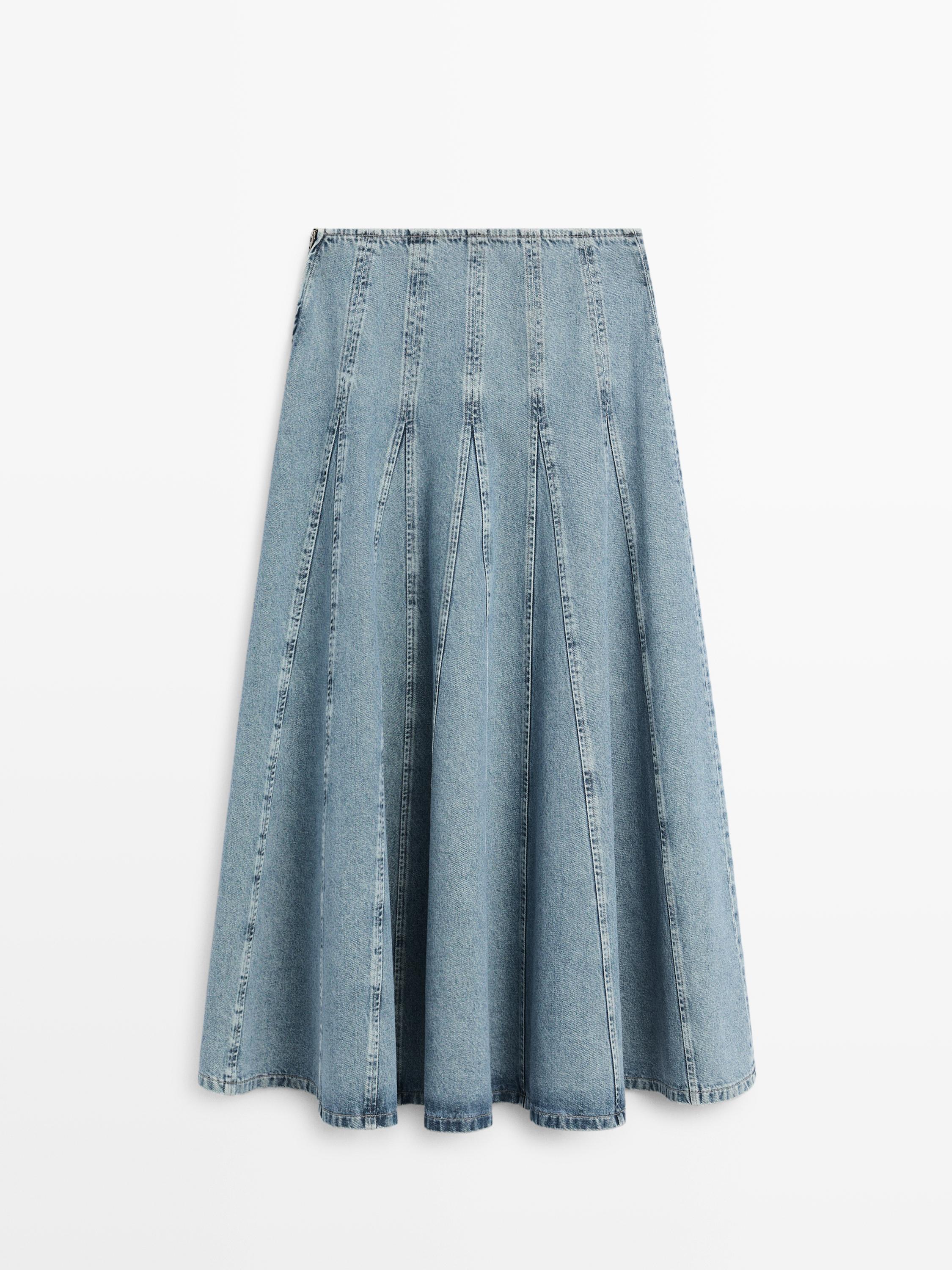Denim godet midi skirt — Light Blue