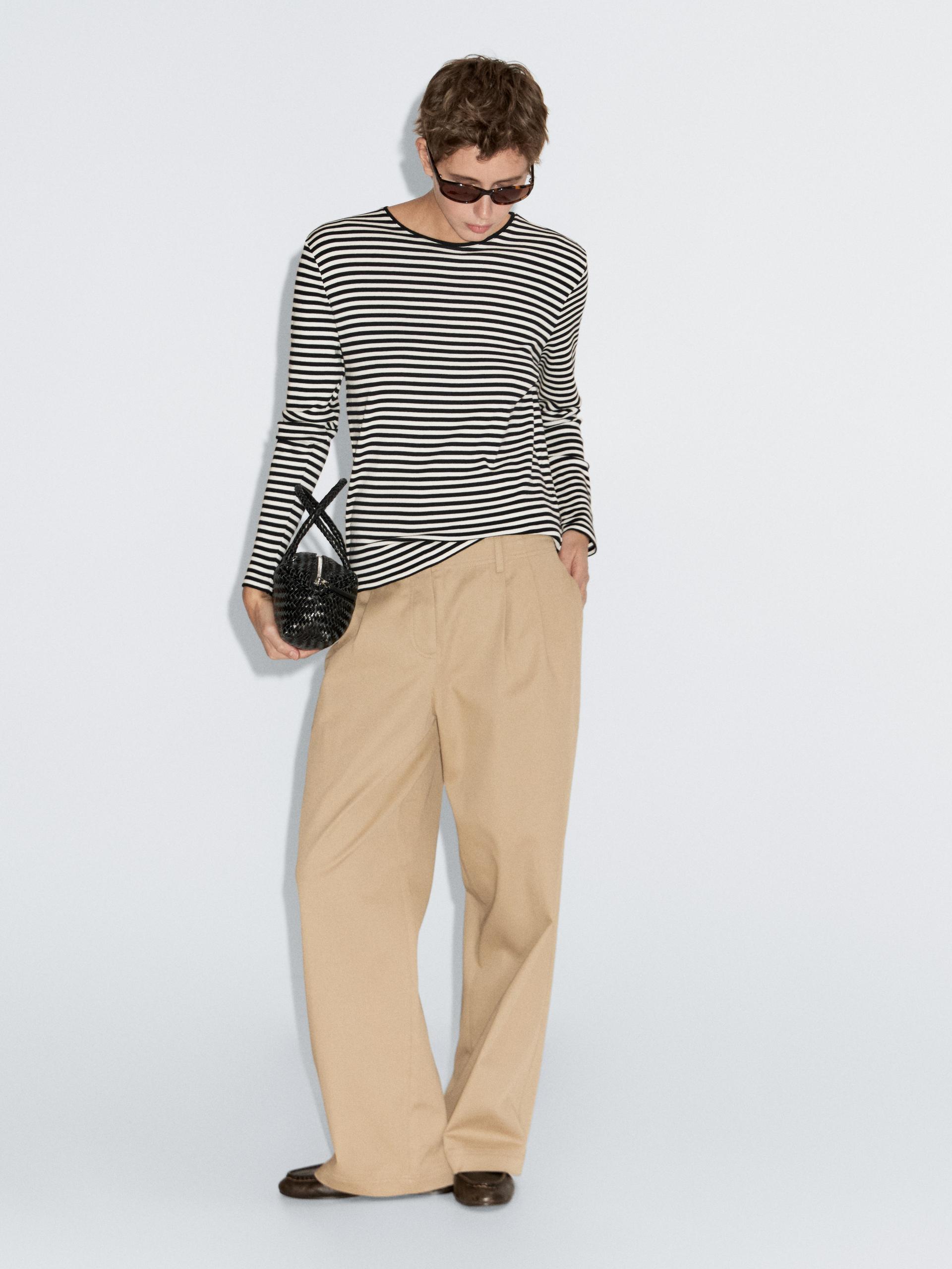 T-Shirt De Manga Comprida Às Riscas Com Pormenor Em Contraste - Preto - Xs - Massimo Dutti - Mulher