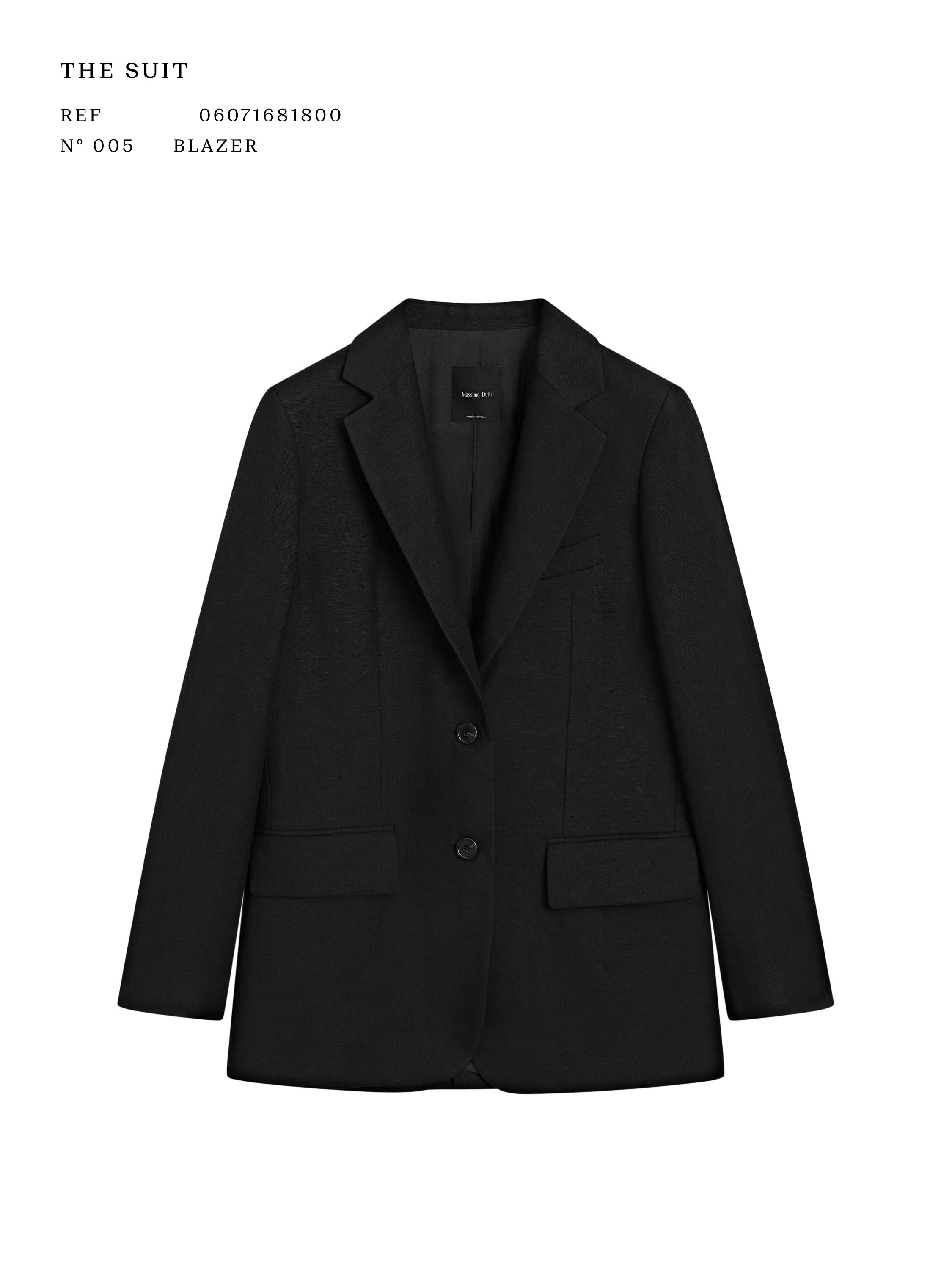 Front view of a black blazer with classic lapels, two buttons, and front flap pockets. Visible text: "THE SUIT".