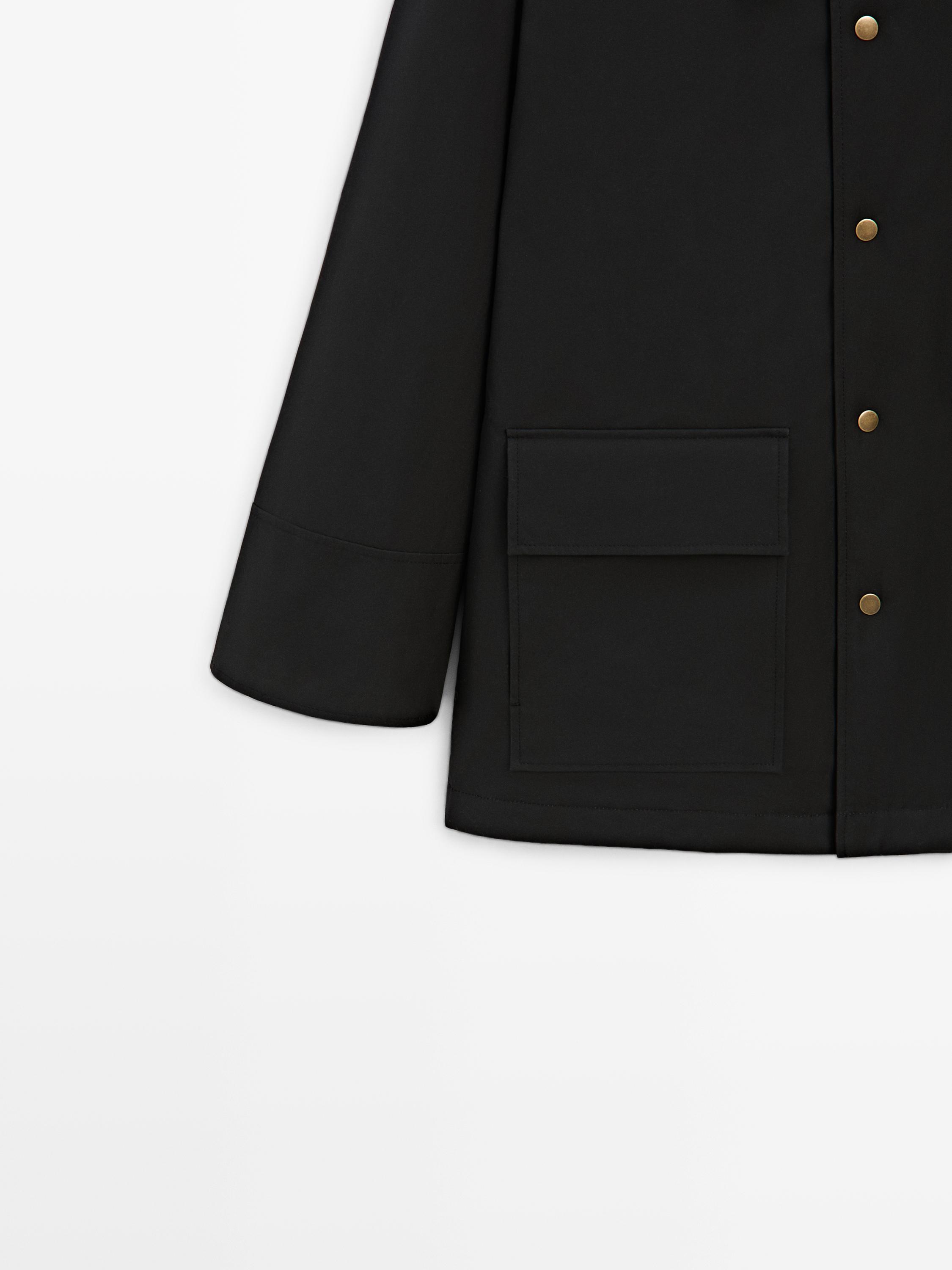 Long cotton parka with collar detail — BLACK