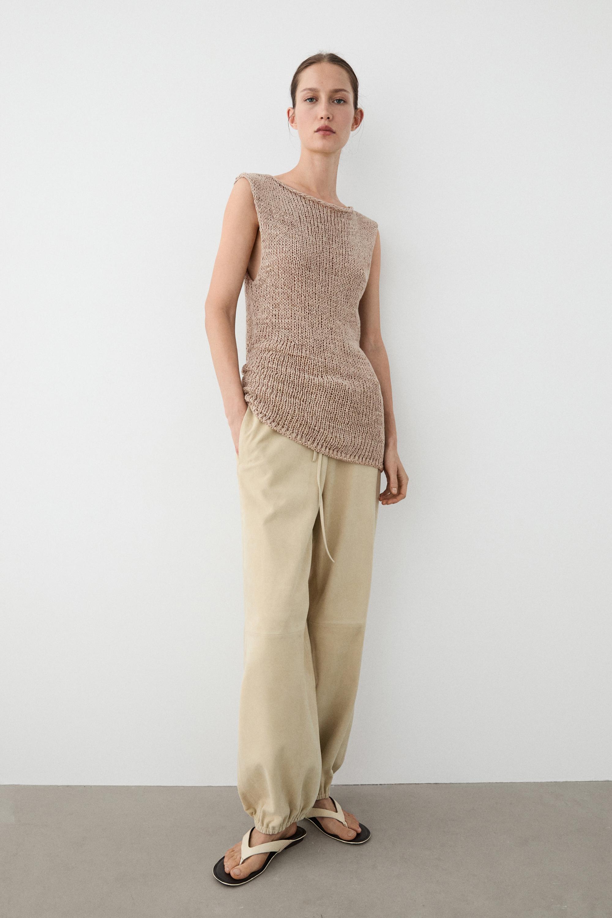Knit cotton blend top — SAND