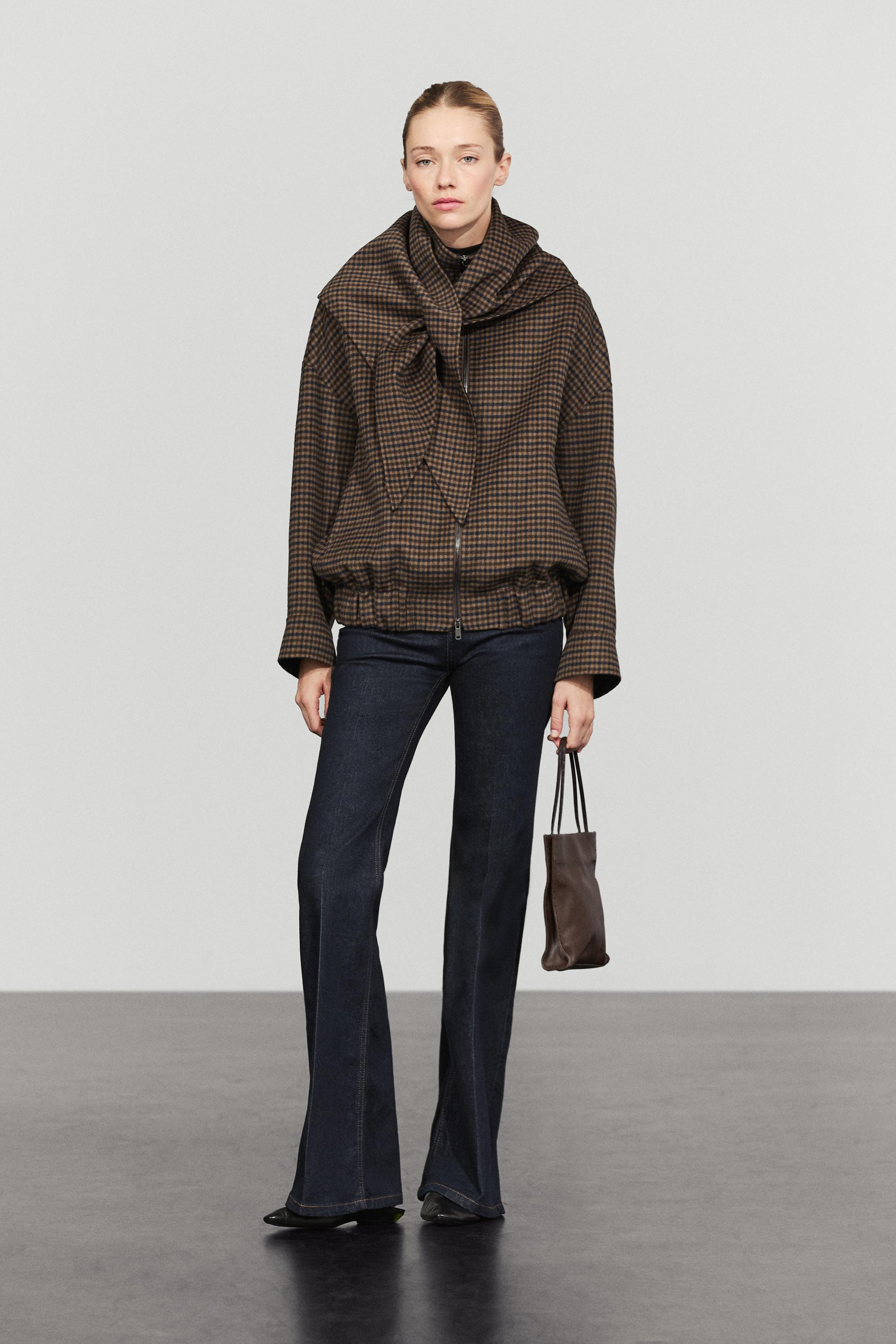 Gingham bomber jacket with scarf — BROWN