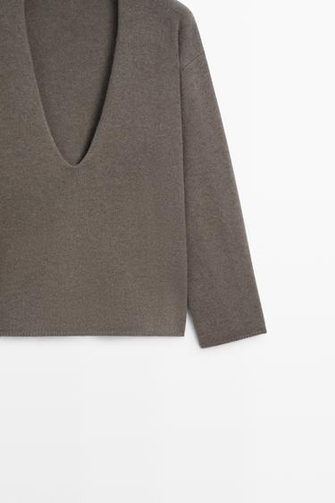 Long-line knit sweater with neckline detail — TAUPE GREY 7